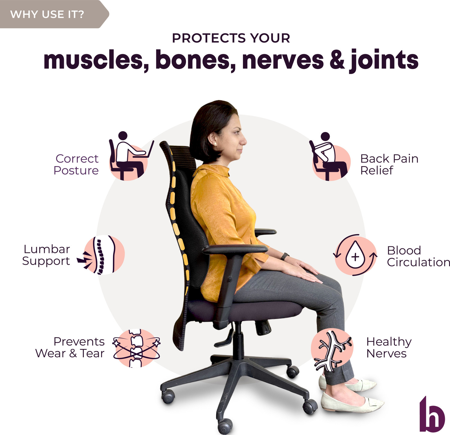 Image of betterhood PosturePro Backrest Cushion for Chair, 100% Memory Foam, Ergonomic Orthopedic Back / Lumbar Support