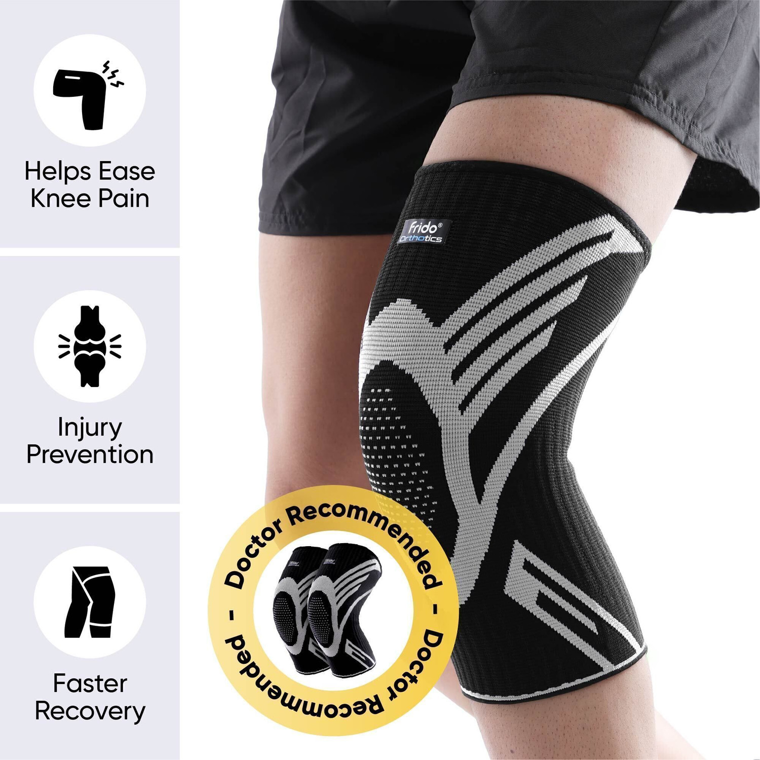 Image of Frido Active Knee Cap for Pain Relief, Joint Support & Injury Recovery, Black, Medium Knee Support