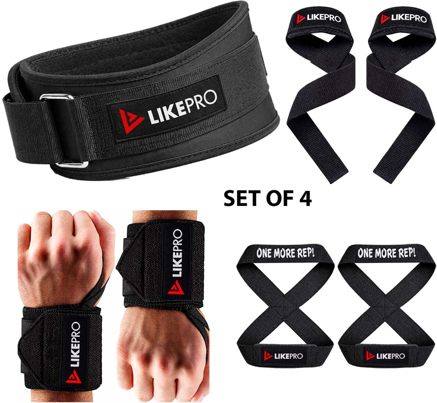 Image of LIKEPRO Kit Set of 4 - Weightlifting Belt, Wrist Wraps, Lifting Straps & Figure 8 Straps Weight Lifting Belt