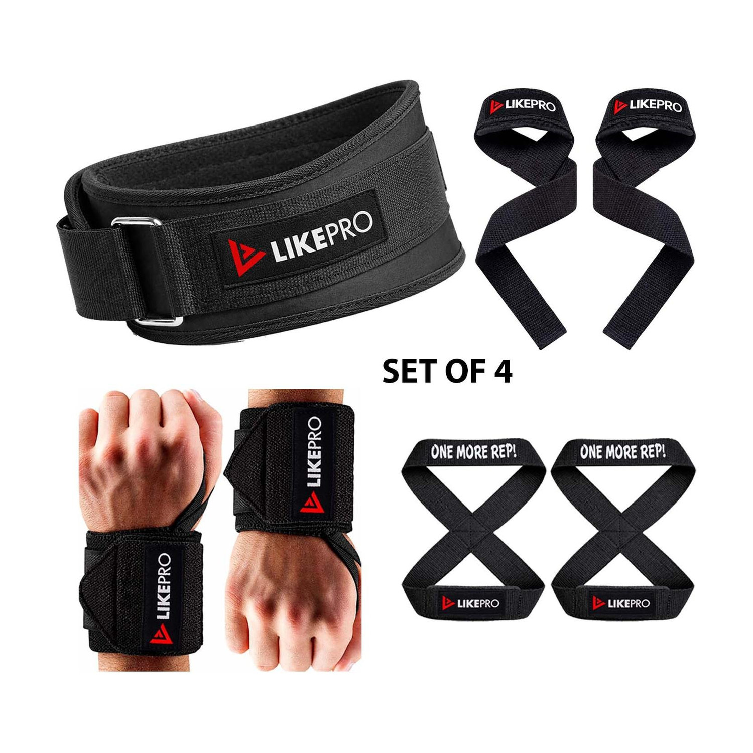 Image of LIKEPRO Kit Set of 4 - Weightlifting Belt, Wrist Wraps, Lifting Straps & Figure 8 Straps Weight Lifting Belt