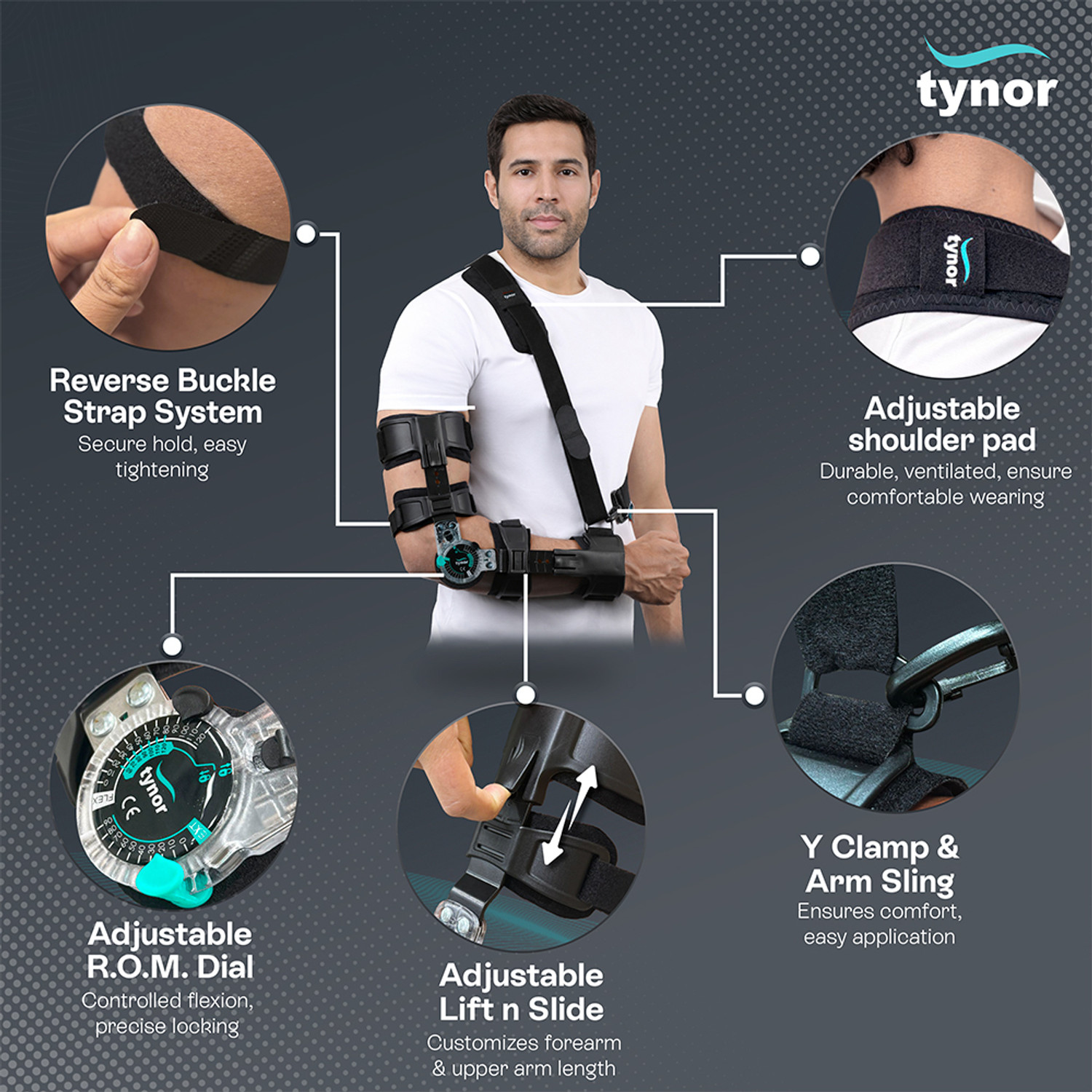 Image of TYNOR ROM Elbow Brace, Black, Left, Universal Size, 1 Unit Elbow Support