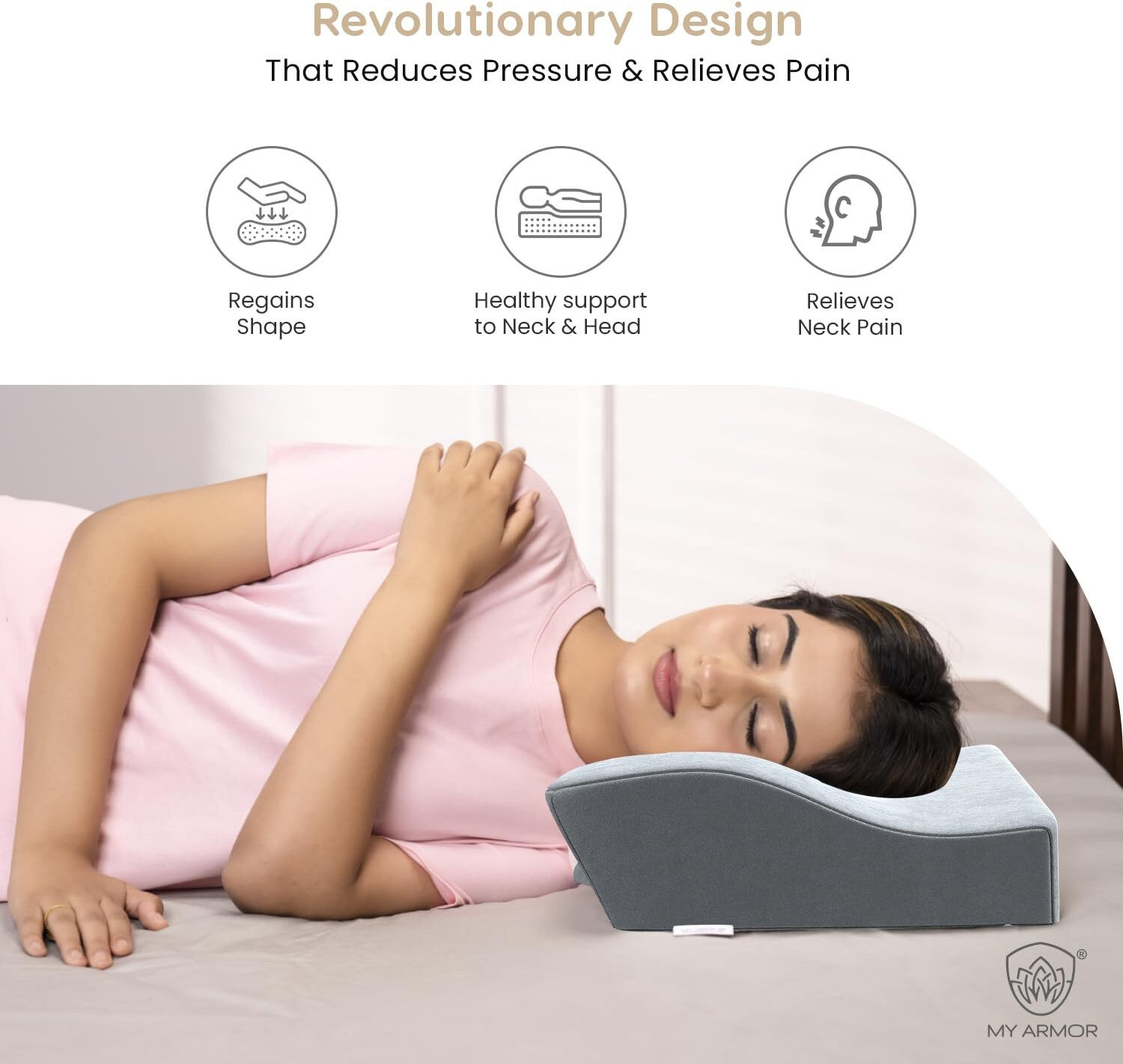 Image of MY ARMOR Cool Gel Memory Foam Cervical Pillow with Velvet Cover, 18.5 inch x 11 inch, Dual Height Cervical Pillow