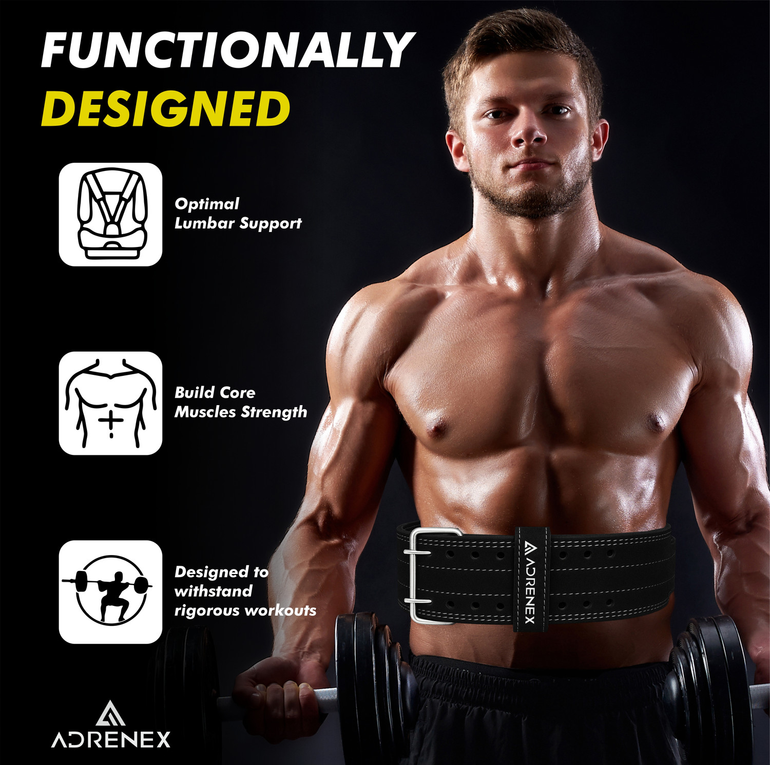 Image of Adrenex Pro Weight Lifting Belt Genuine Leather 4 inch Inch Durable Comfortable Lower Weight Lifting Belt