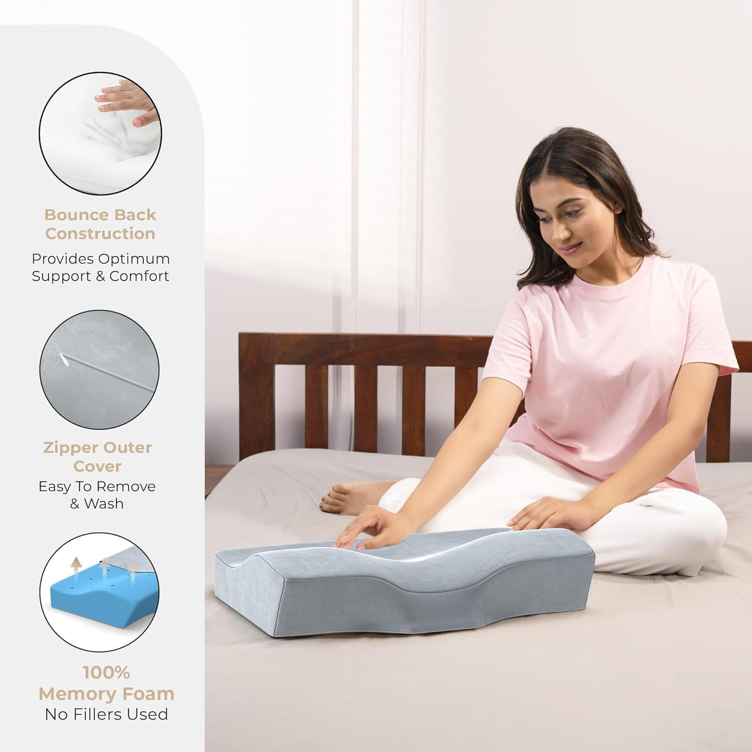 Image of MY ARMOR Cool Gel Memory Foam Cervical Pillow with Velvet Cover, 18.5 inch x 11 inch, Dual Height Cervical Pillow