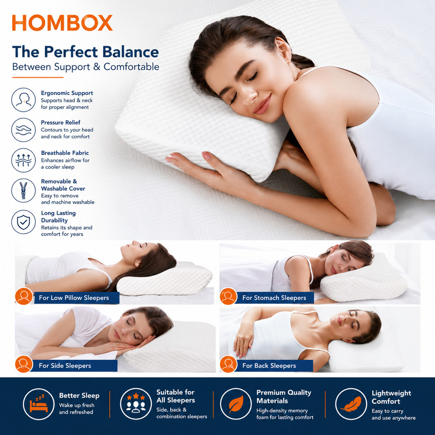 Image of HOMBOX Anatomic (Cervical Contour) Memory Foam Pillow White Cervical Pillow