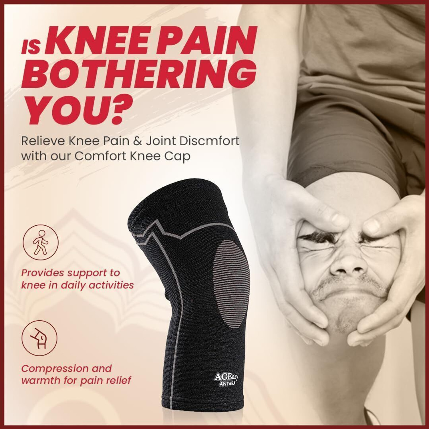 Image of AGEasy (Max Group) Comfort Knee Cap, Anti-Slip Cotton Lining, Knee Pain Support - XL Knee Support