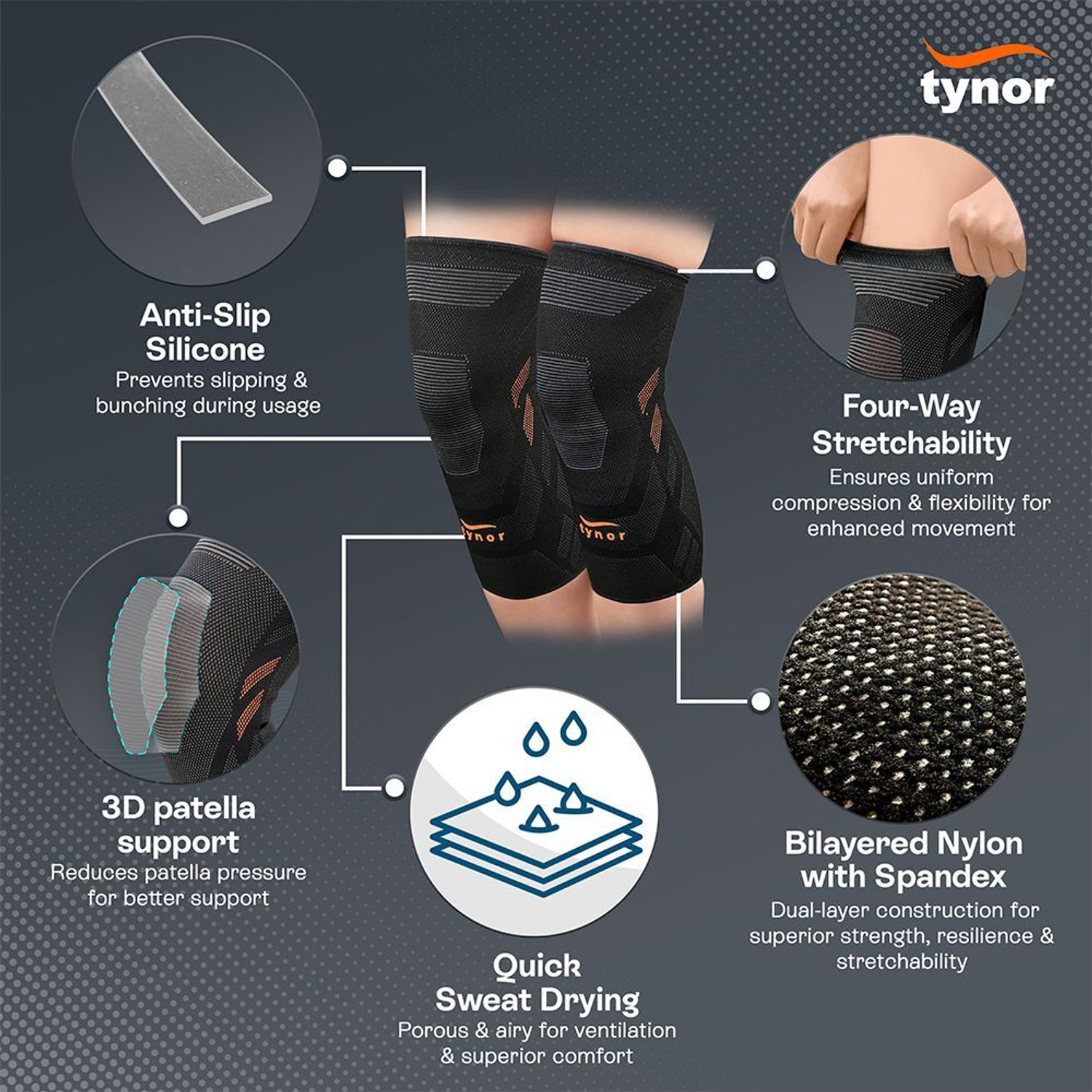 Image of TYNOR Knee Cap Air Pro, Black & Green, XXL, 1 Pair Knee Support