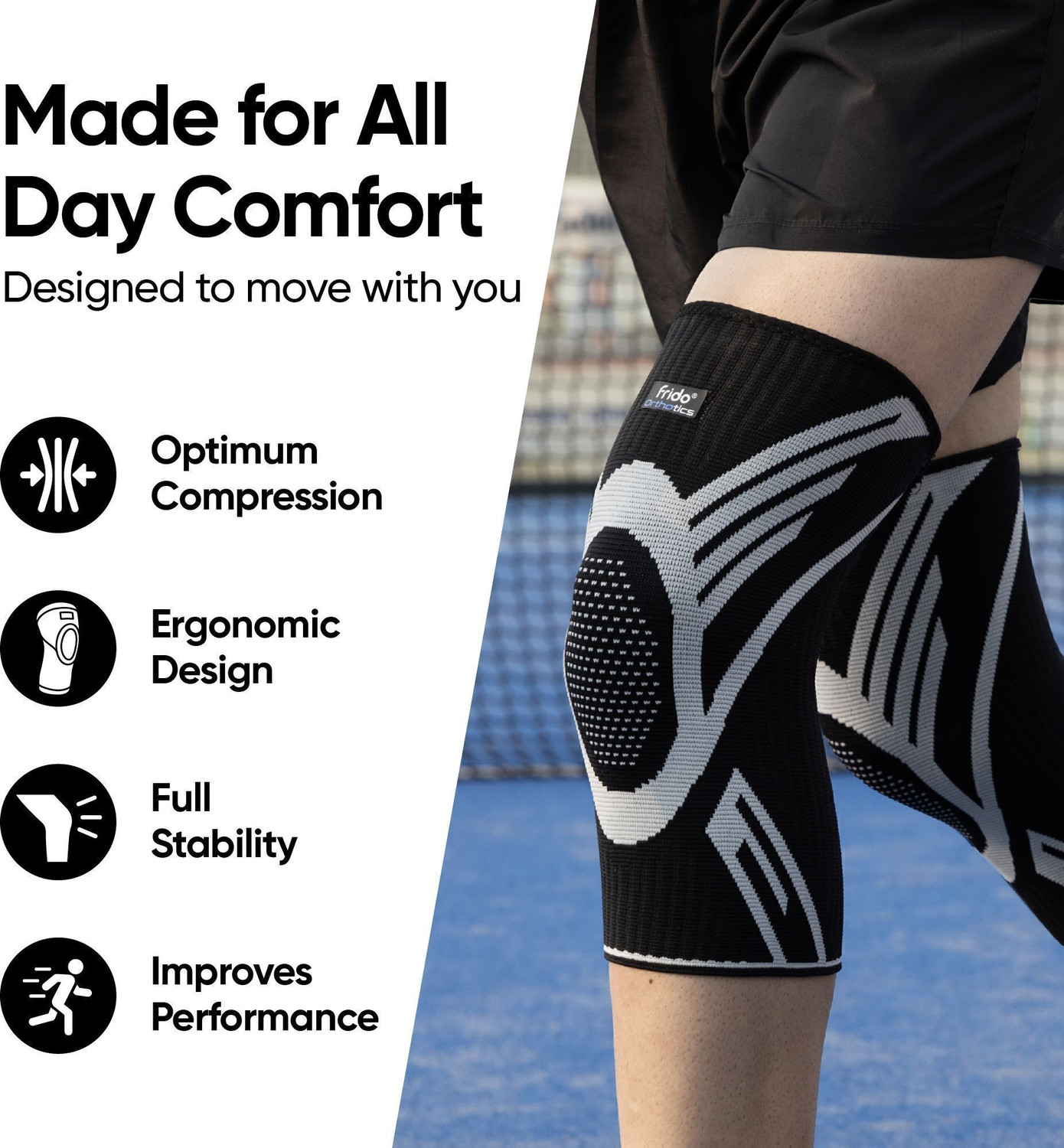 Image of Frido Active Knee Cap for Pain Relief, Joint Support & Injury Recovery, Black, Medium Knee Support