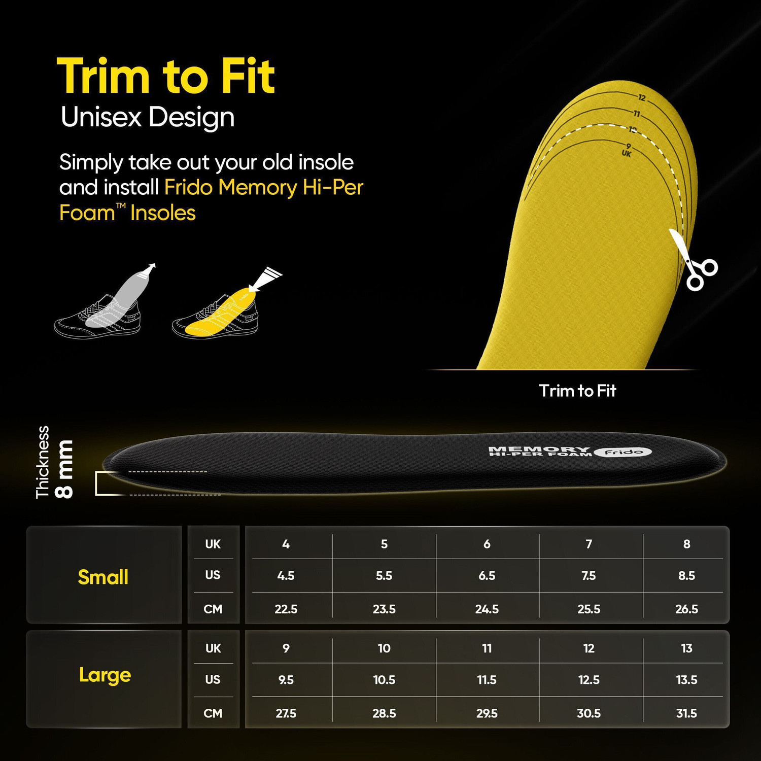 Image of Frido Max Comfort Memory Hi-Per Foam Trimmable Insole, Large (9-13 UK) Gel Arch Orthotic Shoe Insole