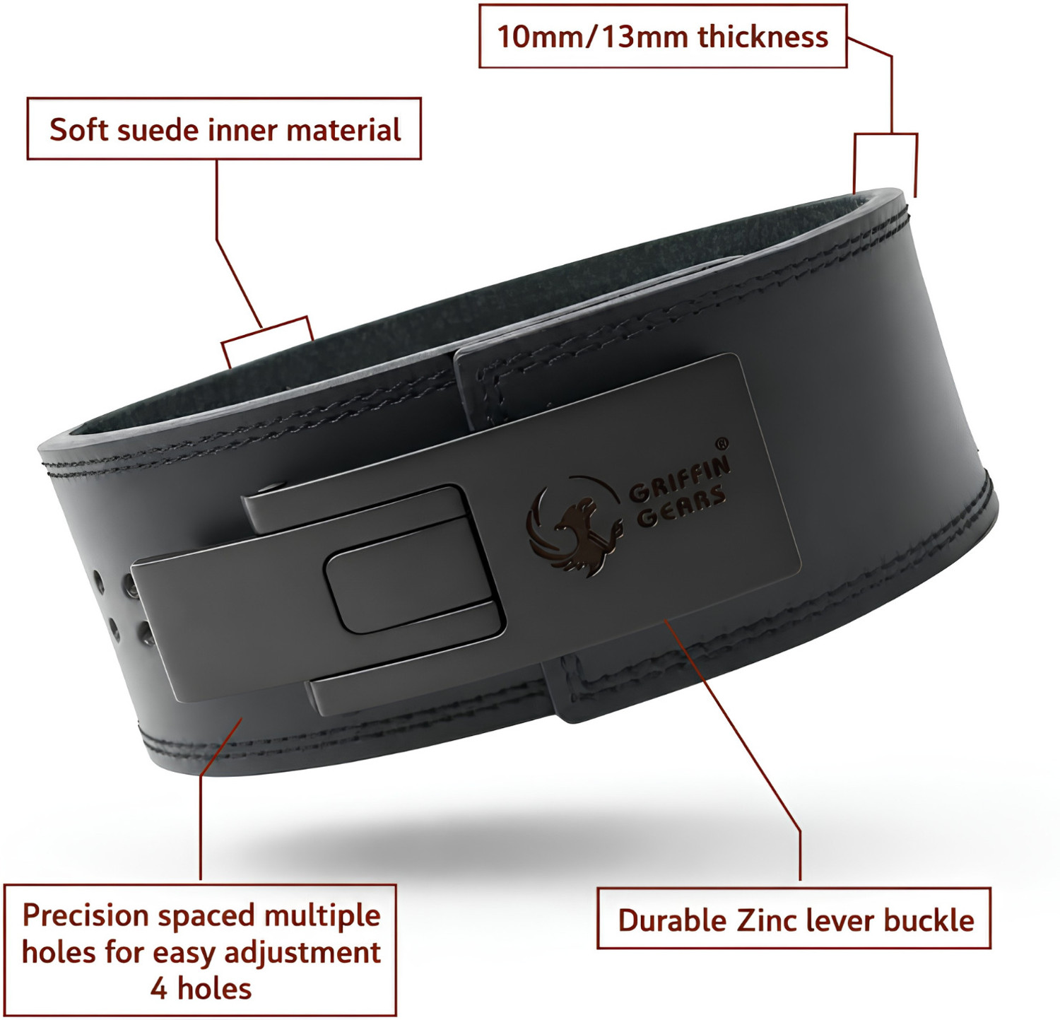Image of GRIFFIN GEARS Powerlifting Lever Gym 10MM Black Buckle Belt Power (Medium 32''-41''Inch) Weight Lifting Belt