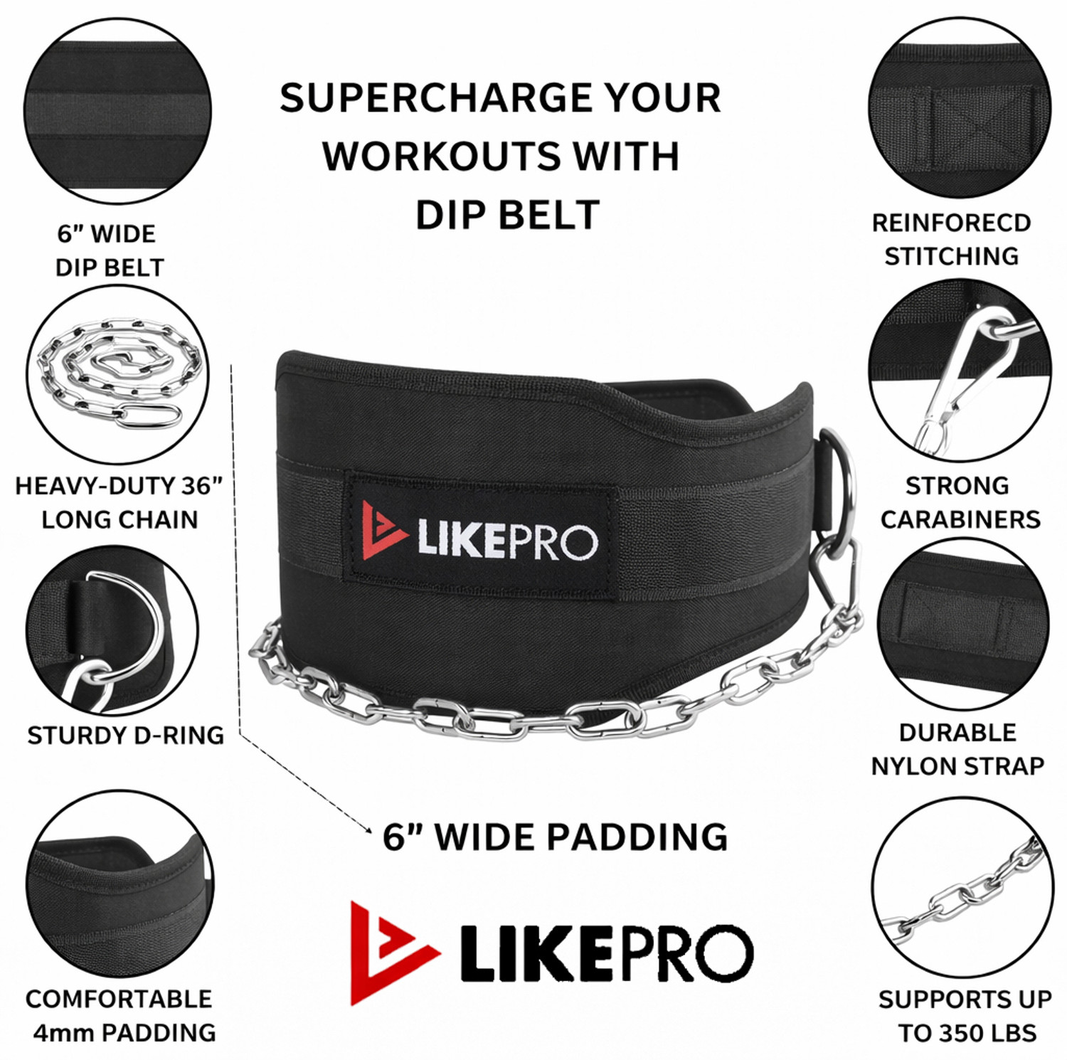 Image of LIKEPRO Dip Belt for Pull Ups & Dips with Chain - Heavy Duty 6 Inch Wide Weight Lifting Belt