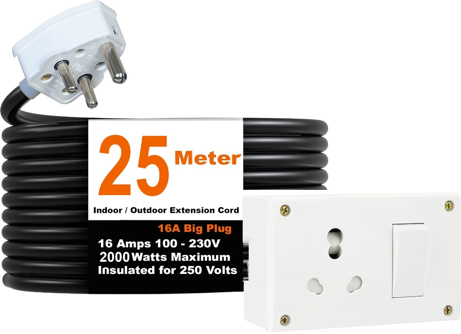Image of JELECTRICALS Premium Extension Board For Heavy Duty (2000W) 220 Volts With 25 Meter 1 Socket Extension Boards