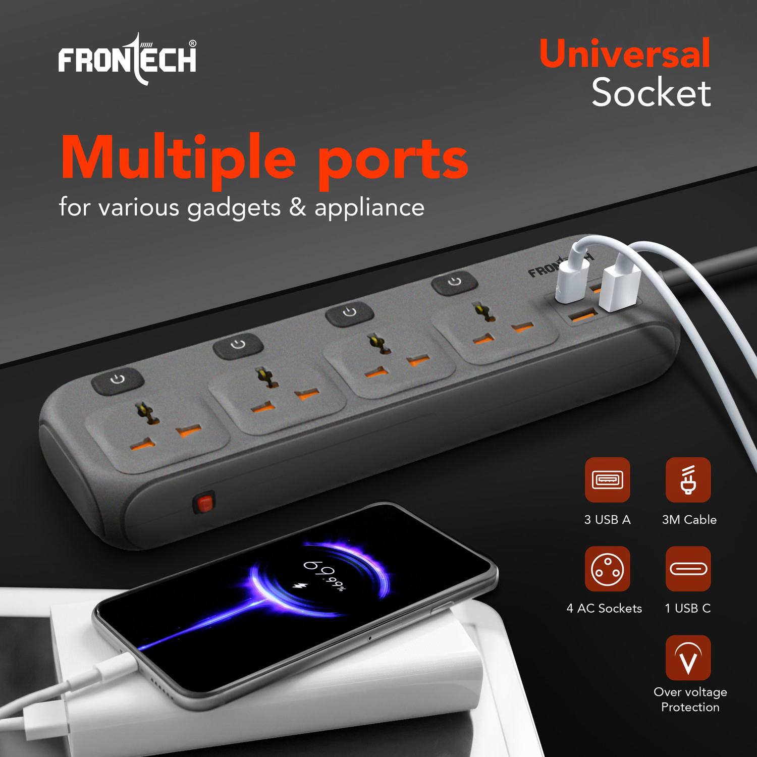 Image of Frontech Power Extension Socket | 2500W | Universal Sockets |3 USB-A + 1 USB-C Ports | 4 Socket Extension Boards