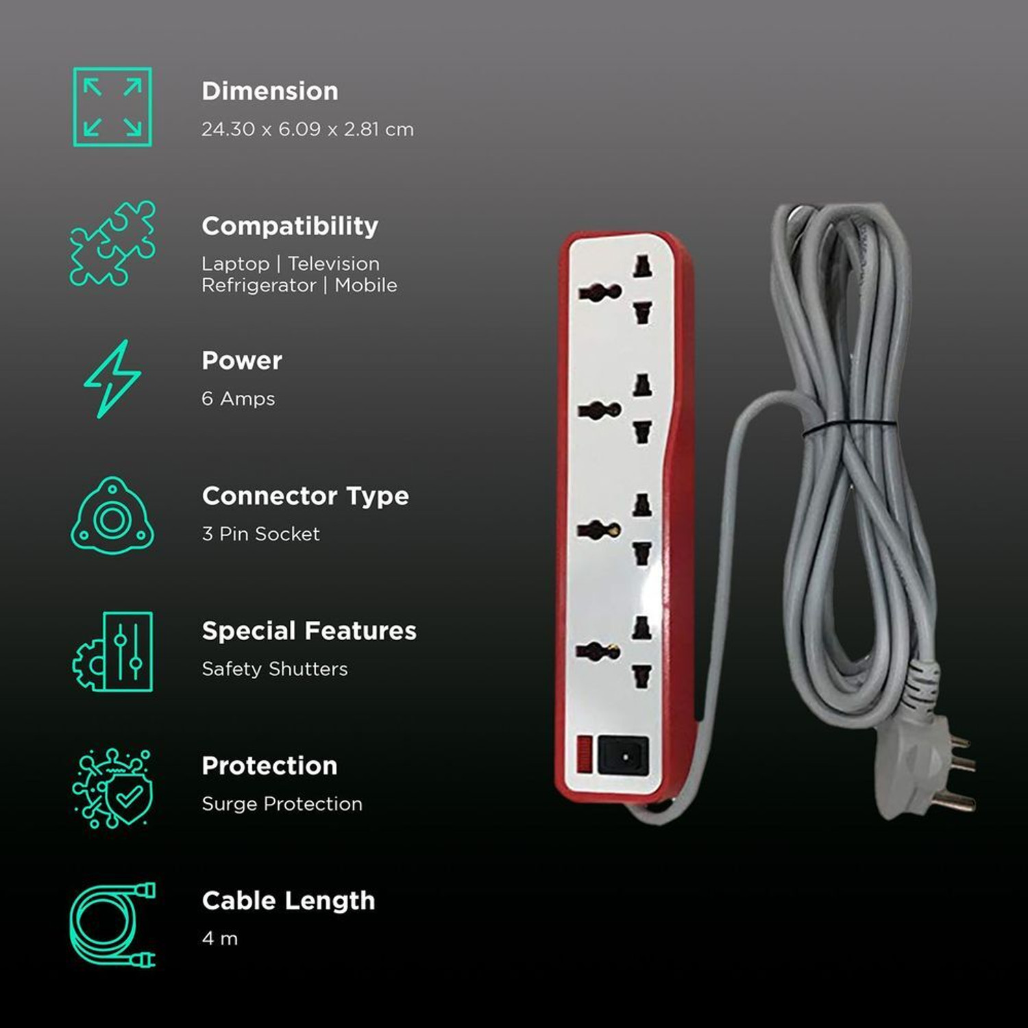 Image of HAVELLS EcoStar 10 Amp 4 Socket Spike Guard ! 4+1 Switch ! Indicator ! Extension Boards 4 Socket Extension Boards (Red, White, 4 m)