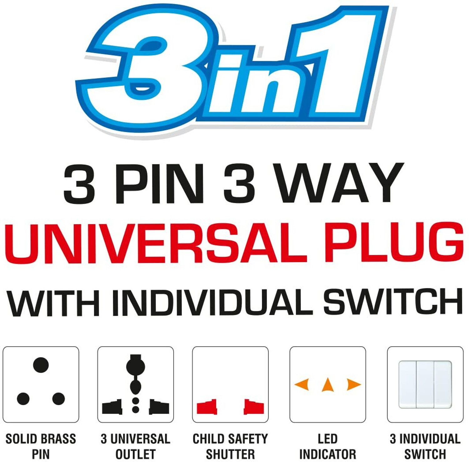 Image of Jihaan 3Pin Universal Multiplug Adaptor with Fuse,Indicator,etc for Home,Travel 5A 250V 3 Socket Extension Boards
