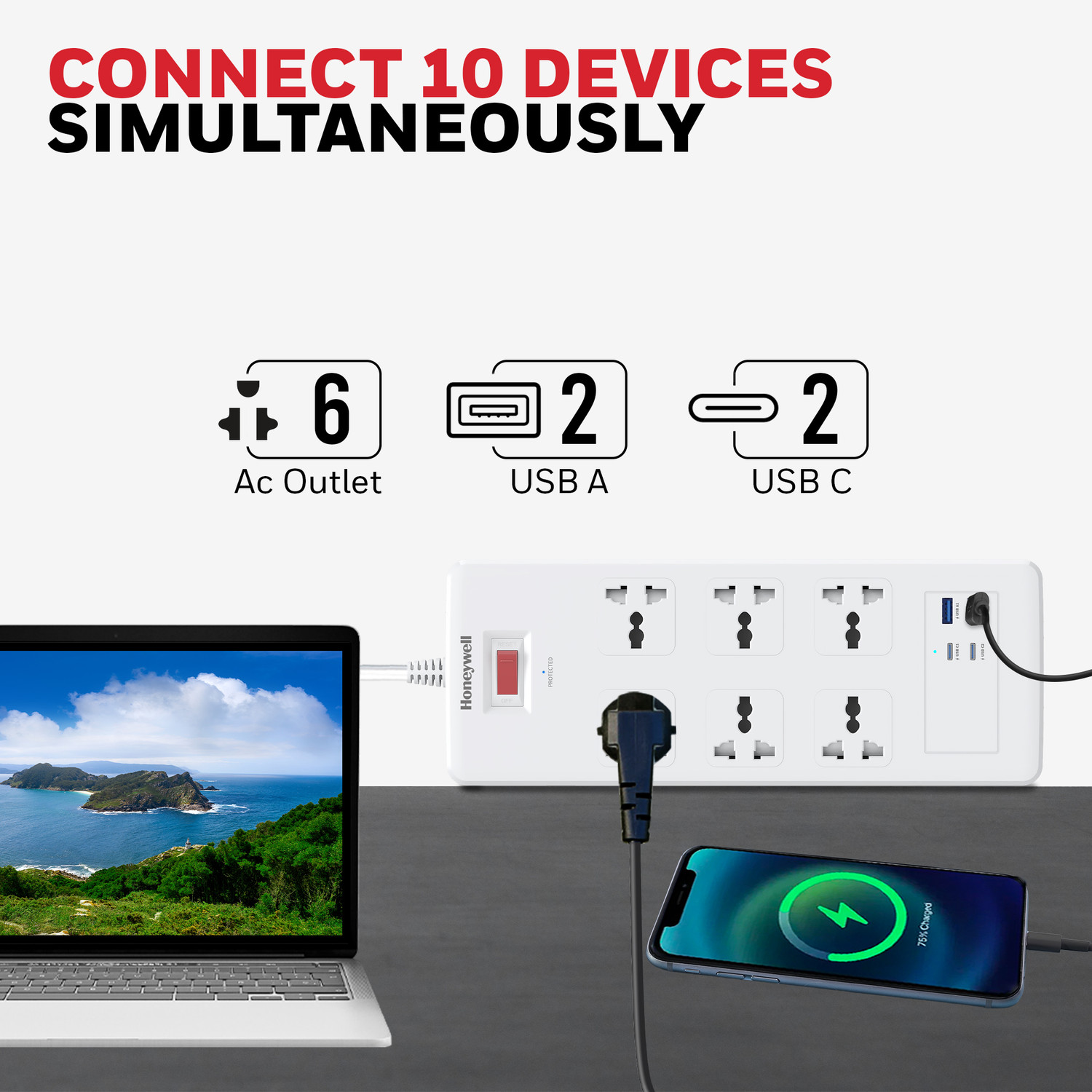 Image of Honeywell Surge Protector,with Universal Sockets, 2xUSB & 2xPD20w,1.8 Meter Cord,36,000Amp 6 Socket Extension Boards