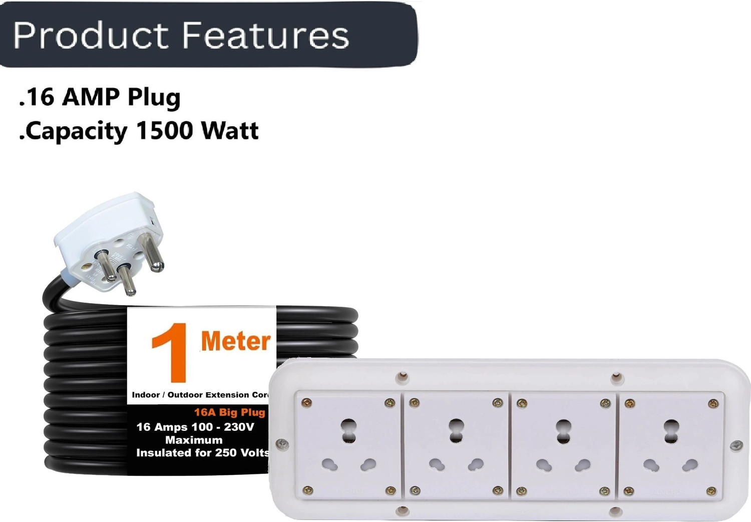 Image of JELECTRICALS Power Extension Cord 6A /16A Universal Socket, .75mm 3-Core Heavy Duty 4 Socket Extension Boards