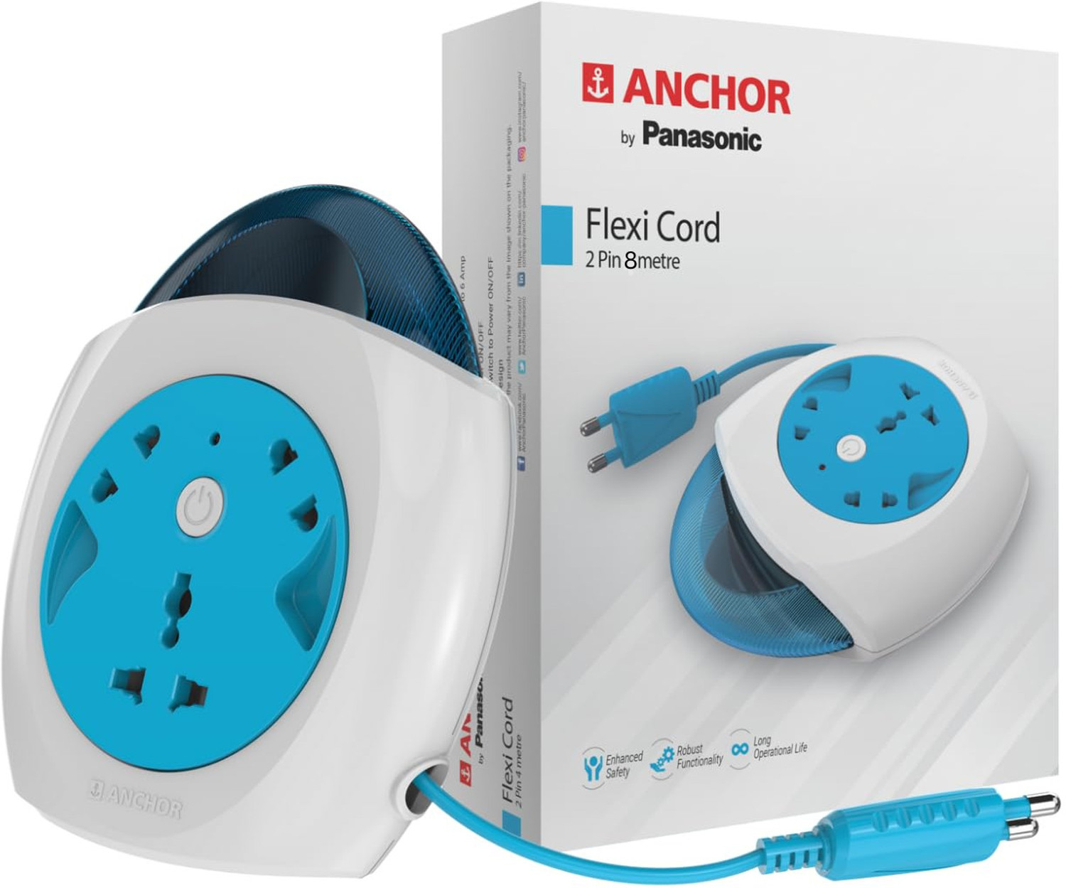 Image of ANCHOR Anchor by Panasonic 6A Flexi Cord 2 Pin 8 Mtr Universal Socket With Indicator 3 Socket Extension Boards