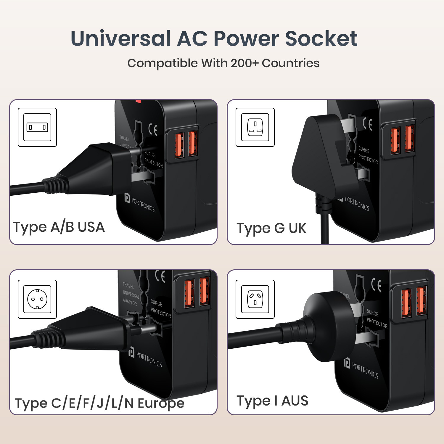 Image of Portronics Juicemate 2 Pro International Travel Adapter, 12W Dual USB-A, Fuse Protection 1 Socket Extension Boards (Black, 0 m, With USB Port)