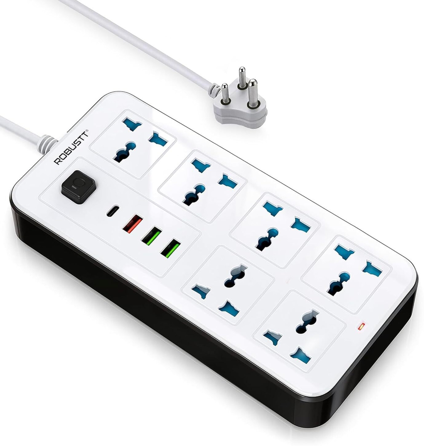 Image of Robustt 6 Outlet Extension Board with 4 USB Ports | On / Off Switch | 2500W Multi Plug 6 Socket Extension Boards