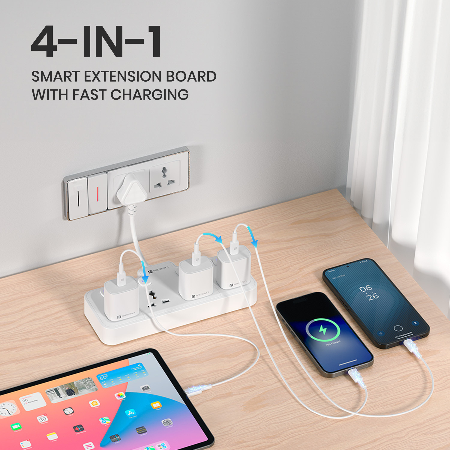 Image of Portronics Power Plate Pro, 4-in-1 Power Extender with Individual Switches & Flexible Cord 4 Socket Extension Boards