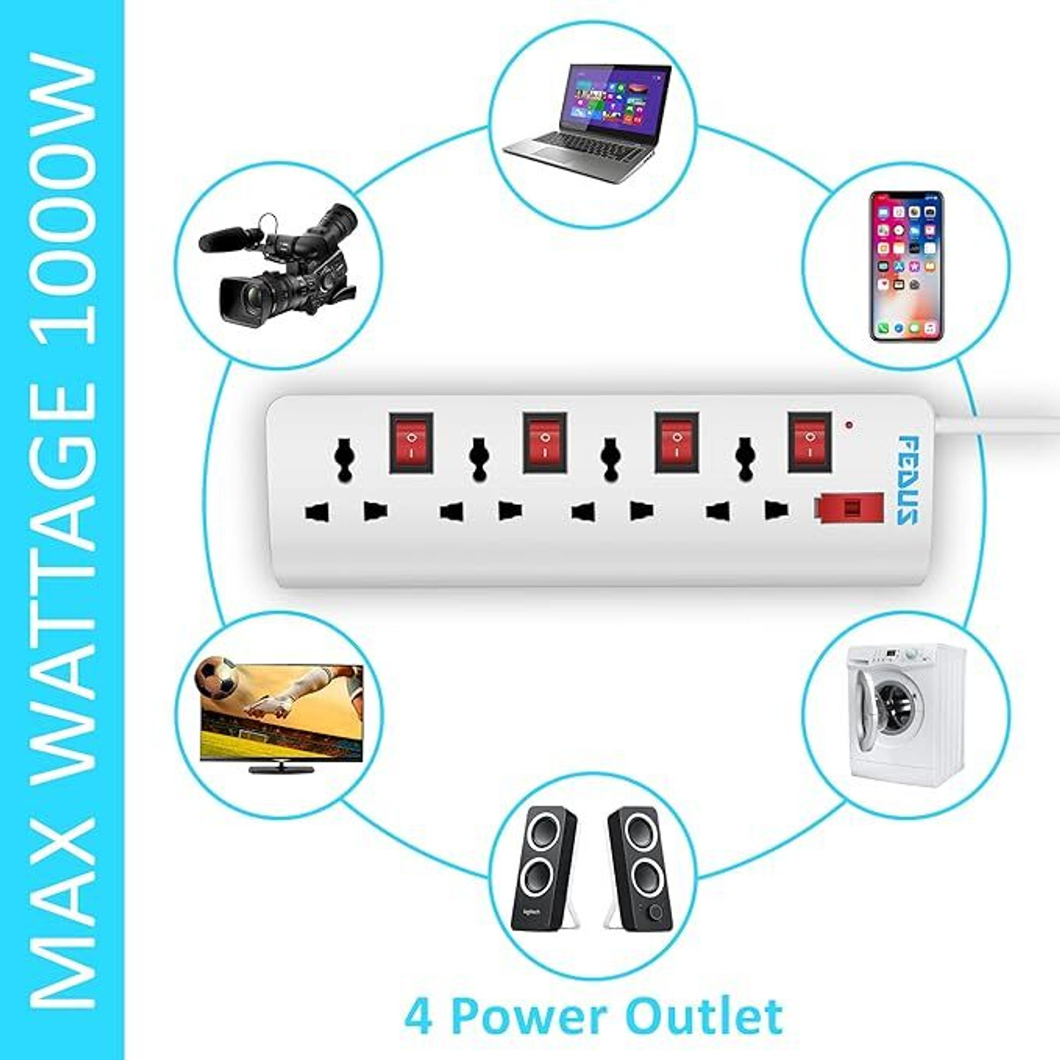 Image of Fedus Extension Boards with Switch Long Wire Surge Protectors Spike Buster 4 Socket Extension Boards