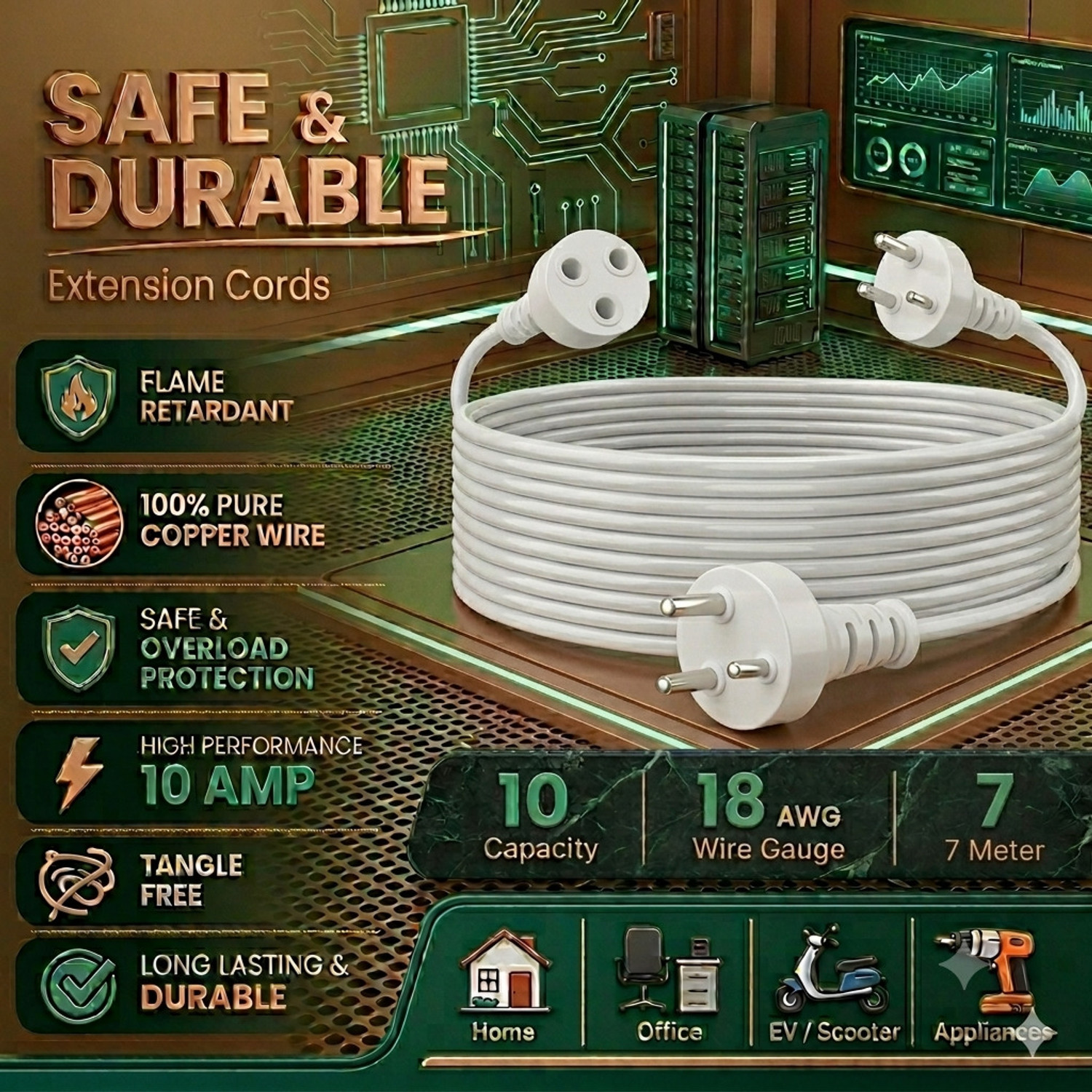 Image of ZIYTRACK Extension Male Female Power Cord 7 Meter Long Copper Wire | 3&2 Pin Plug Use|10A 1 Socket Extension Boards