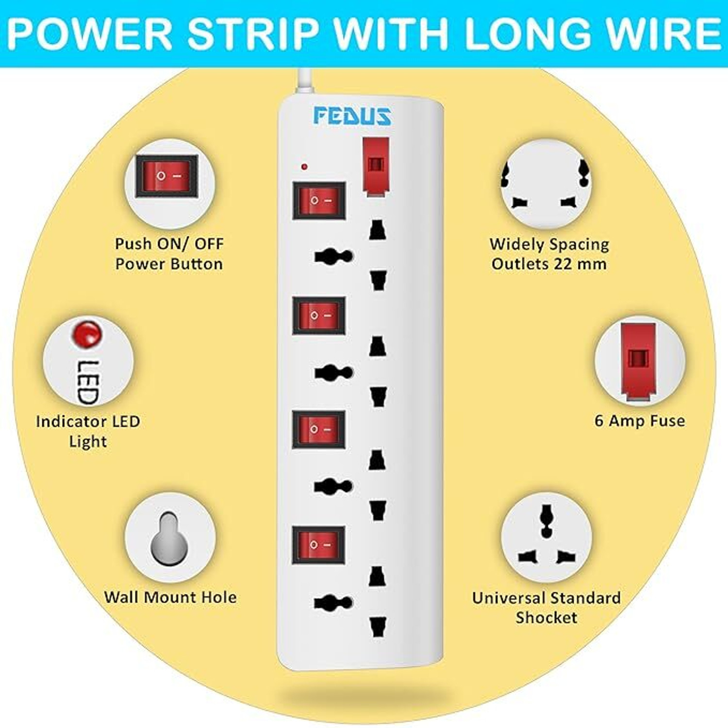 Image of Fedus Extension Boards with Switch Long Wire Surge Protectors Spike Buster 4 Socket Extension Boards