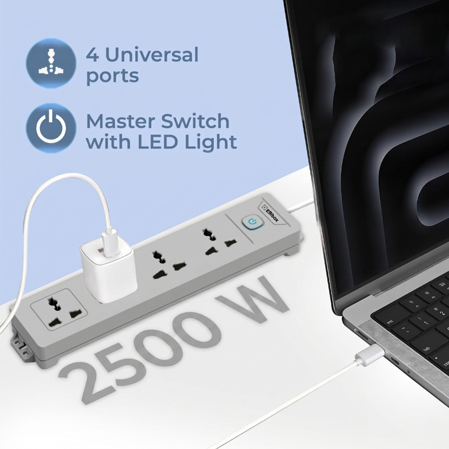 Image of EMBox Power Extension Cord 5 Meter Multi Plug 1500W Heavy Duty 4 Socket Extension Boards