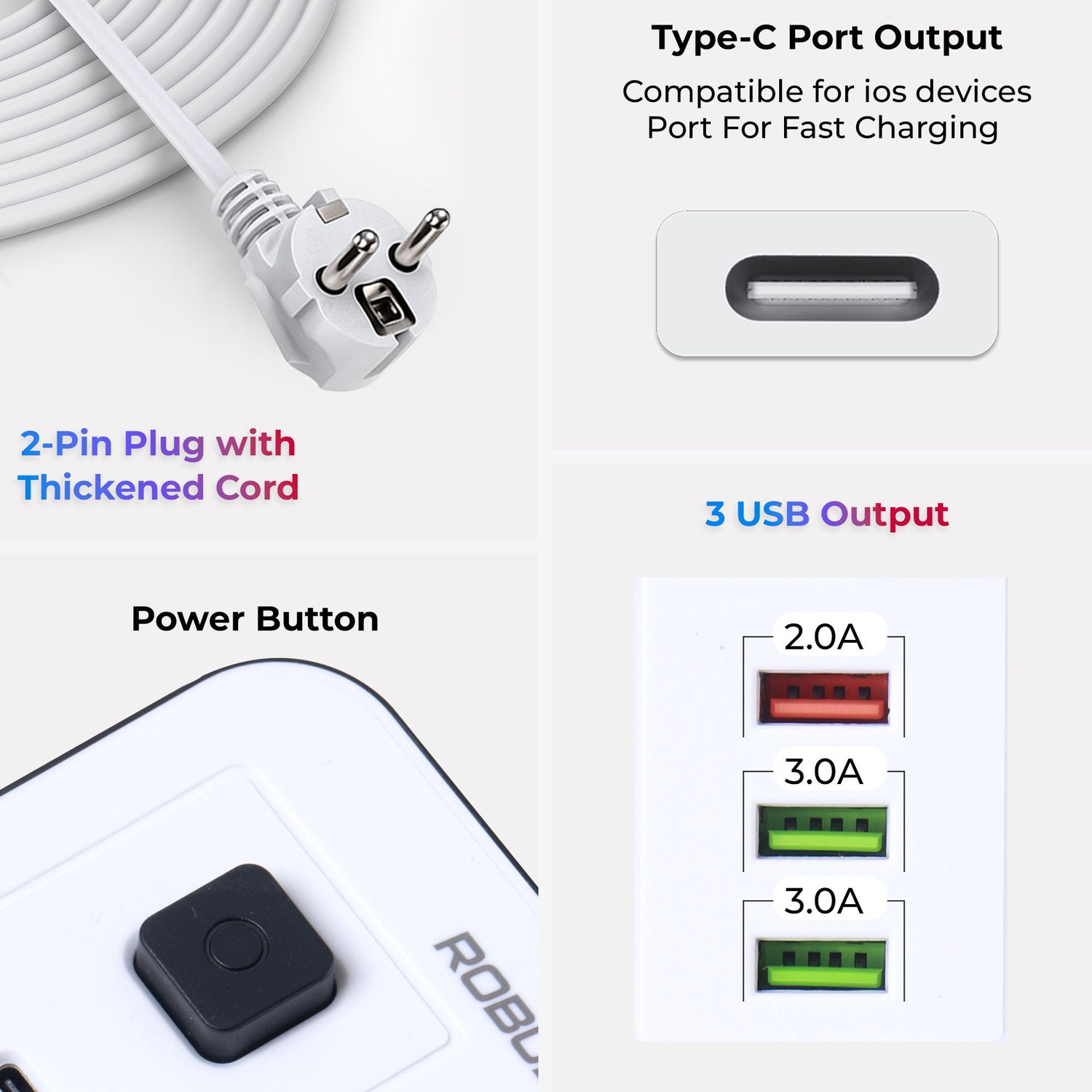 Image of Robustt 6 Outlet Extension Board with 4 USB Ports | On / Off Switch | 2500W Multi Plug 6 Socket Extension Boards