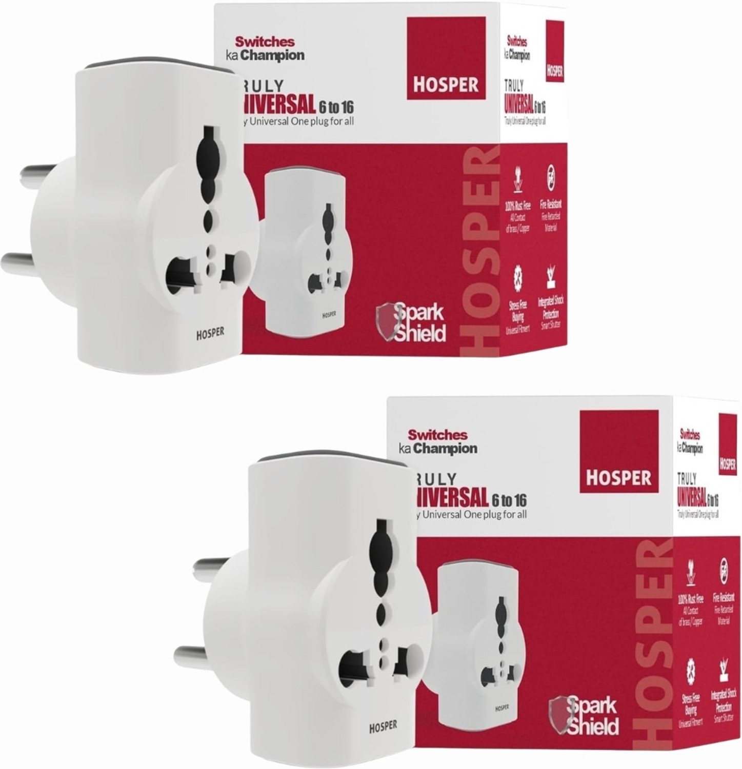 Image of Hosper 6 AMP to 16 AMP Multi Plug Adapter - Converts 6A Socket to 16A (Pack of 2) 2 Socket Extension Boards