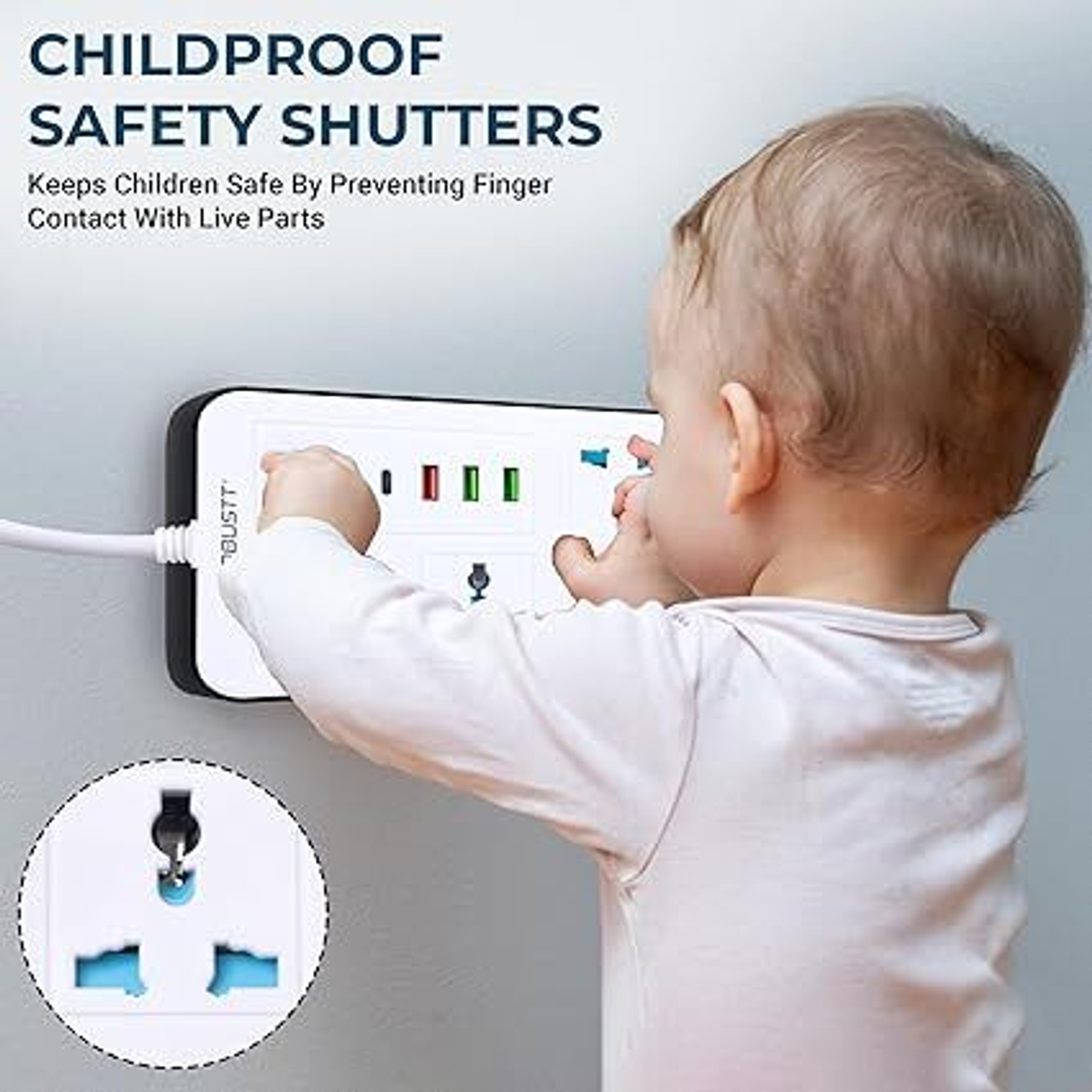 Image of Robustt 4 Outlet Extension Board with 4 USB Ports | On / Off Switch | 2500W Multi Plug 4 Socket Extension Boards
