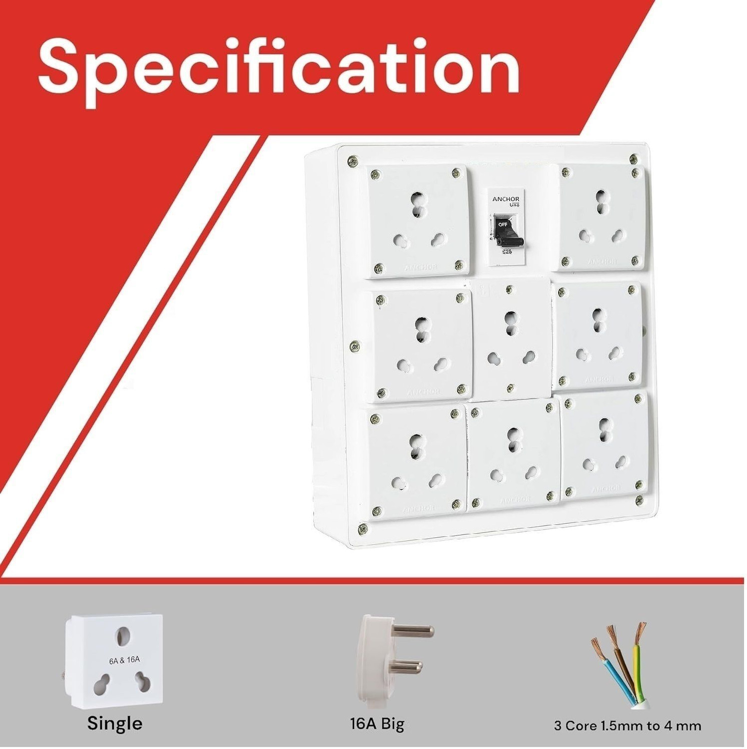 Image of JELECTRICALS 6A /16A Universal Socket, 2.5mm 3-Core Heavy Duty Extension Board 8 Socket Extension Boards