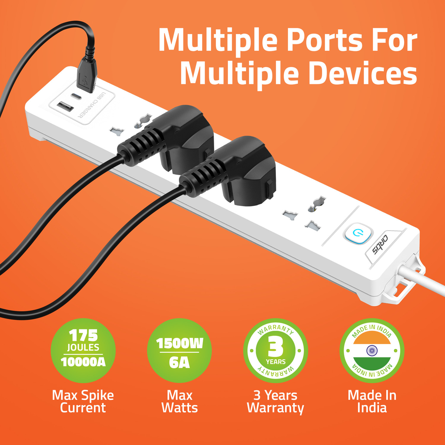 Image of artis AR-4SS-USB 4 Universal Sockets with 2 USB-A & USB-C Port with Single Switch 4 Socket Extension Boards
