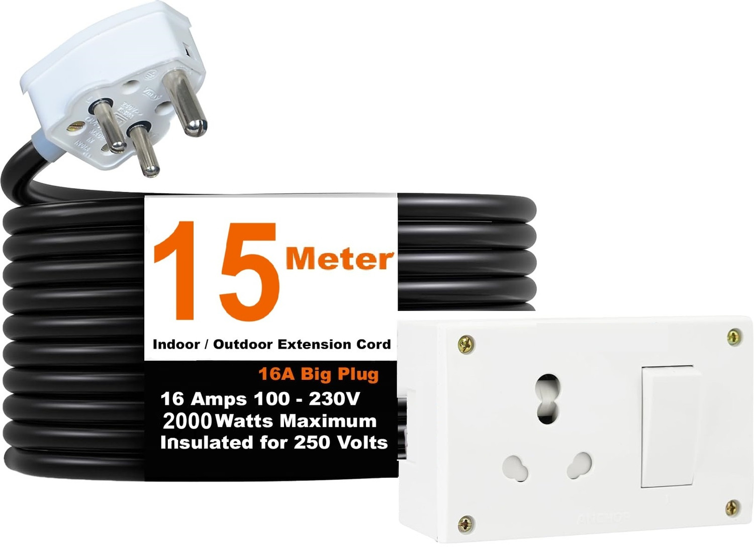 Image of JELECTRICALS Premium Extension Board For Heavy Duty (2000W) 220 Volts With 15 Meter 1 Socket Extension Boards