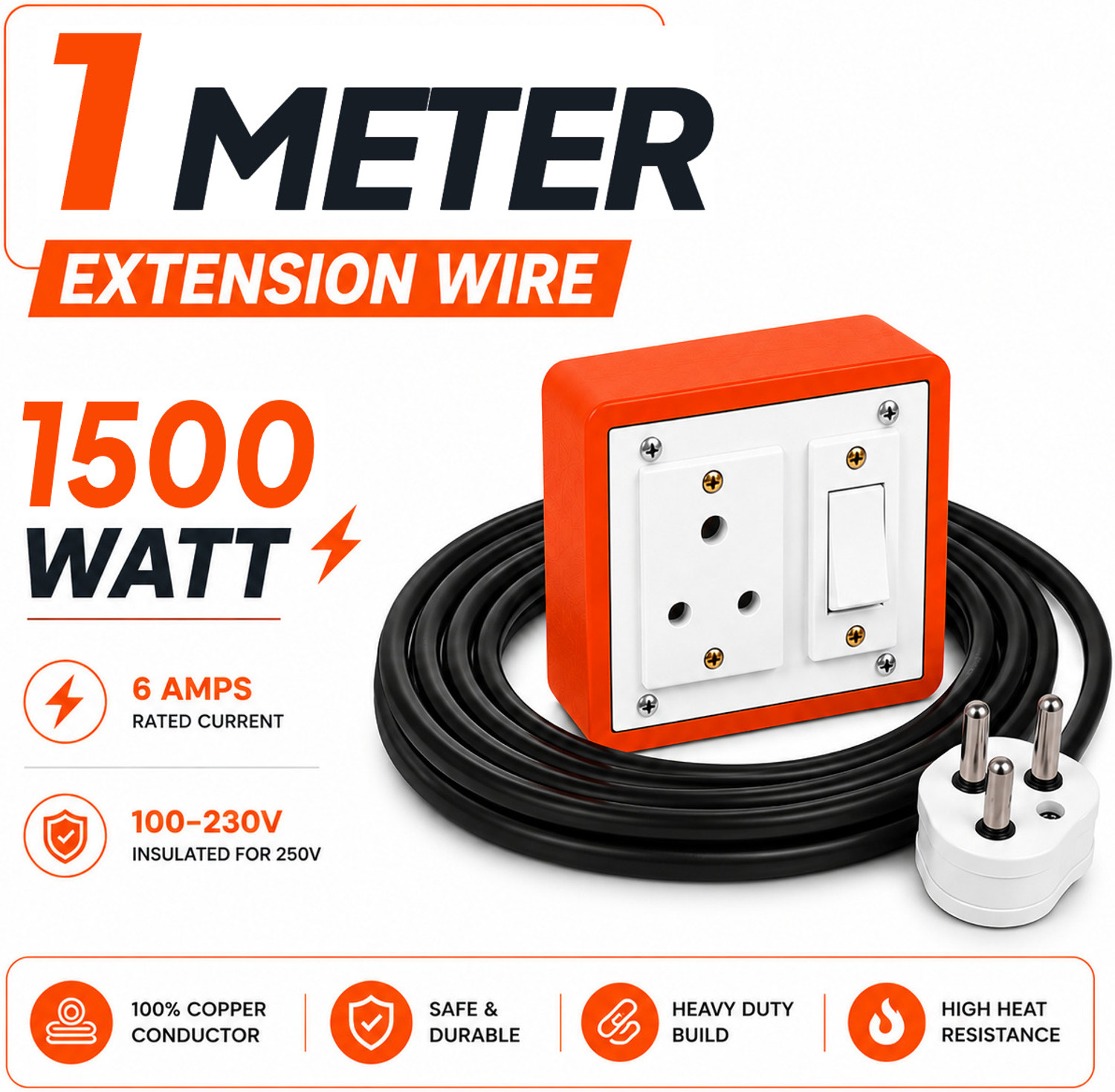Image of Extocord Heavy Duty Extension Board One Socket One Switch 1500W 2 Meter 3 Core Cable 1 Socket Extension Boards