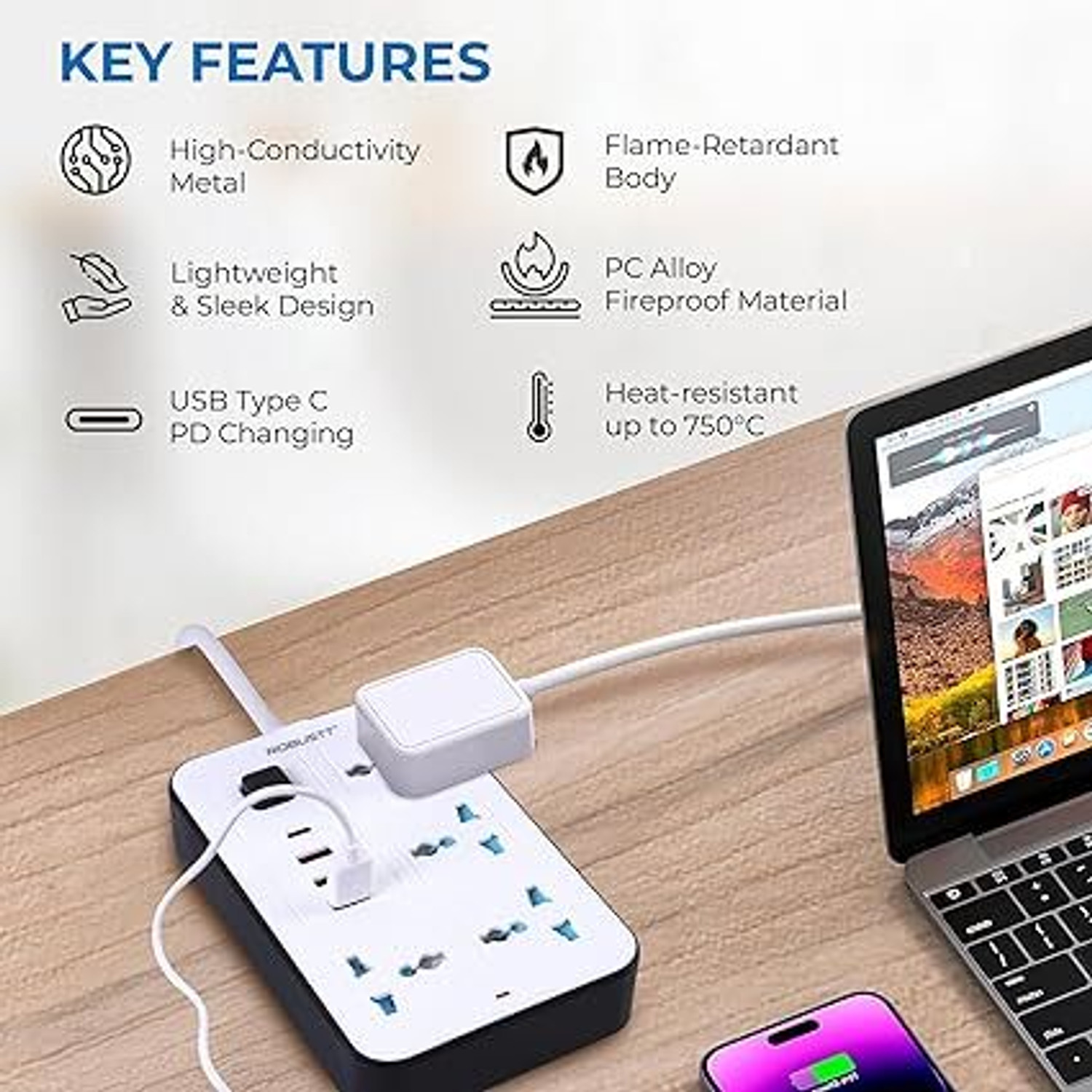 Image of Robustt 4 Outlet Extension Board with 4 USB Ports | On / Off Switch | 2500W Multi Plug 4 Socket Extension Boards
