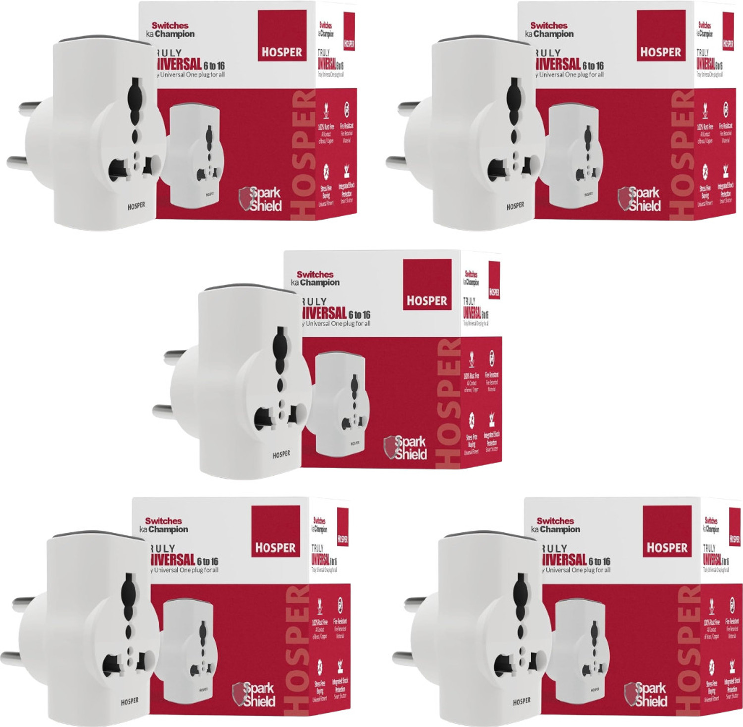 Image of Hosper 6 AMP to 16 AMP Multi Plug Adapter - Converts 6A Socket to 16A (Pack of 5) 5 Socket Extension Boards