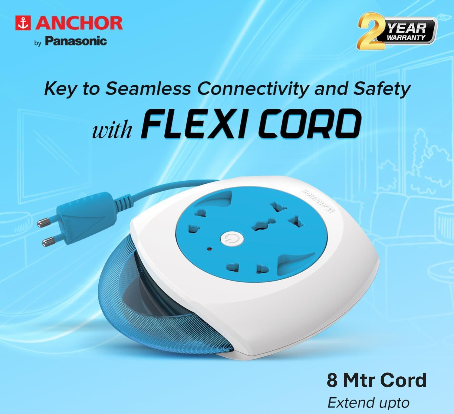 Image of ANCHOR Anchor by Panasonic 6A Flexi Cord 2 Pin 8 Mtr Universal Socket With Indicator 3 Socket Extension Boards