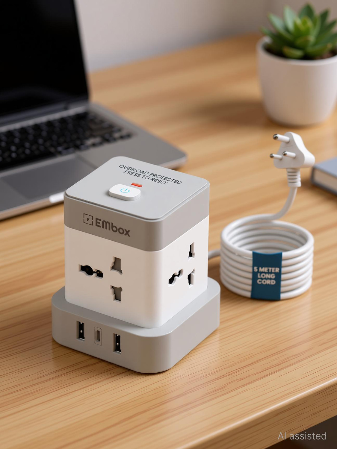 Image of EMBox Cube Power Strip 2500W, Type-C, Extension Cord 4 Socket Extension Boards