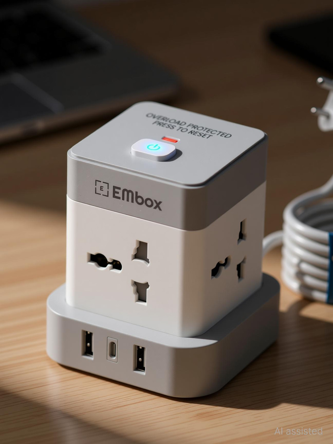 Image of EMBox Cube Power Strip 2500W, Type-C, Extension Cord 4 Socket Extension Boards