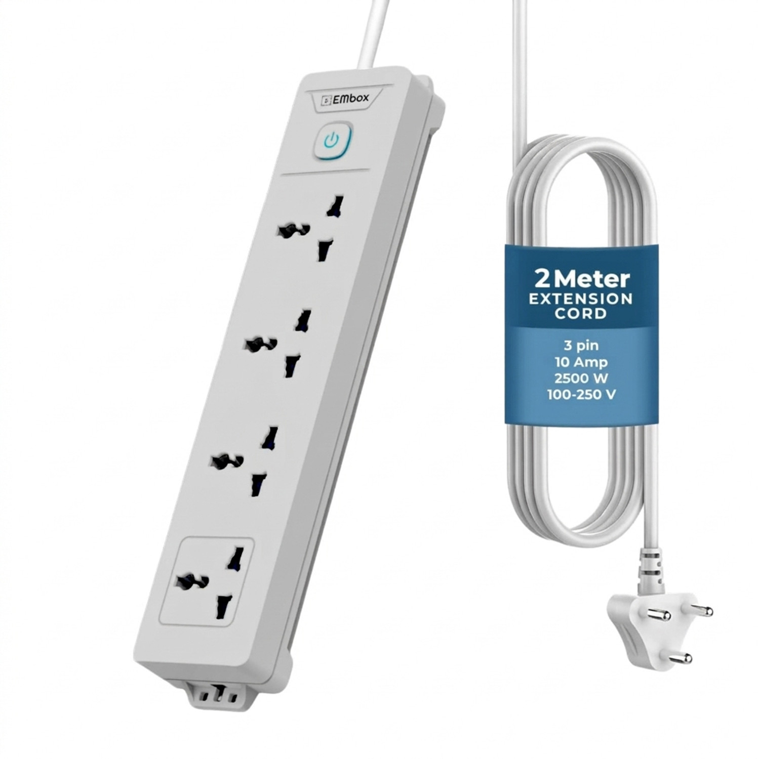 Image of EMBox Power Extension Cord 2 Meter Multi Plug 1500W Heavy Duty 4 Socket Extension Boards