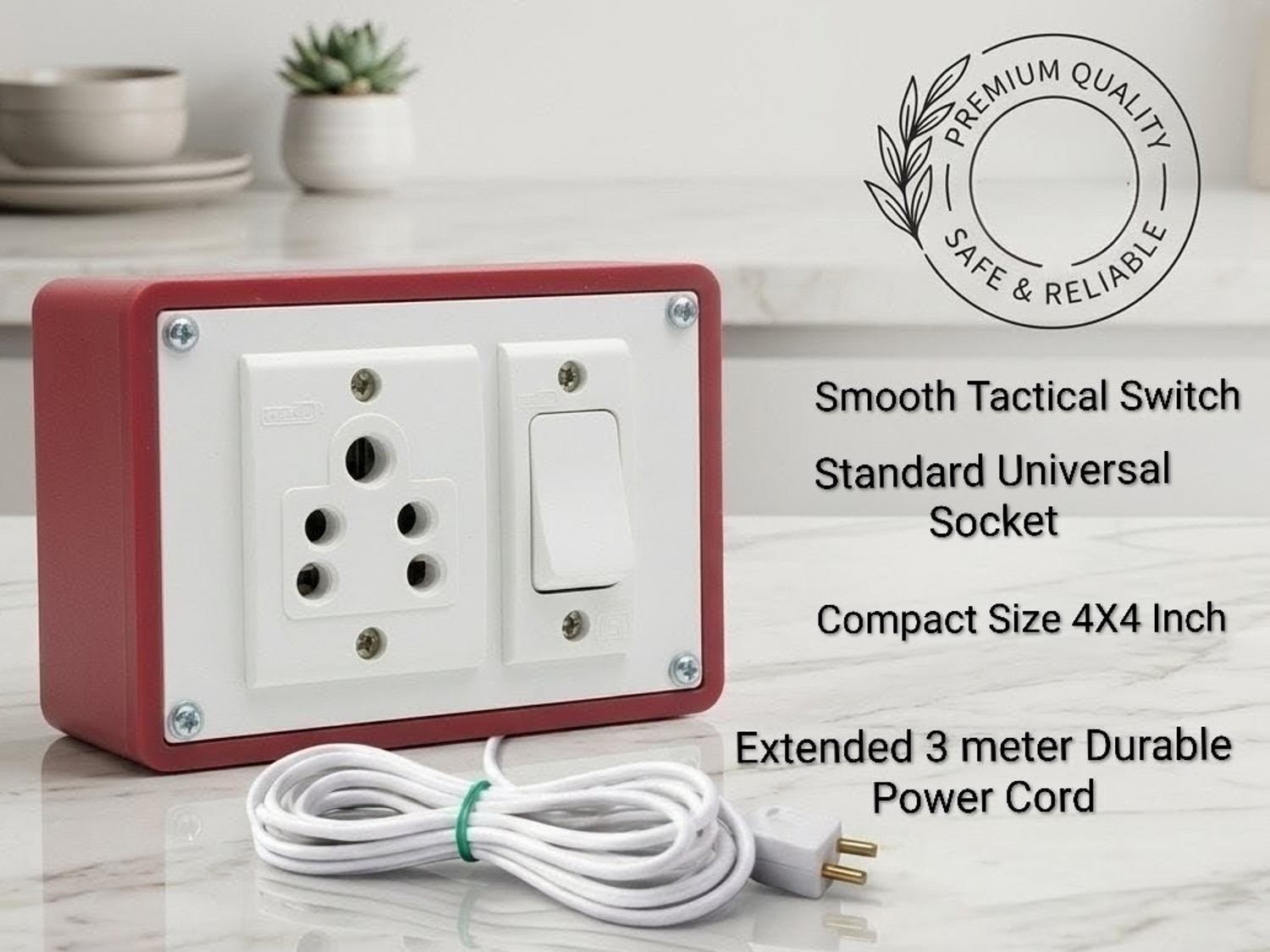 Image of ELITRO Premium 6A Multi-Plug Extension Board 4x4inch With 3 Meters chord 1 Socket Extension Boards