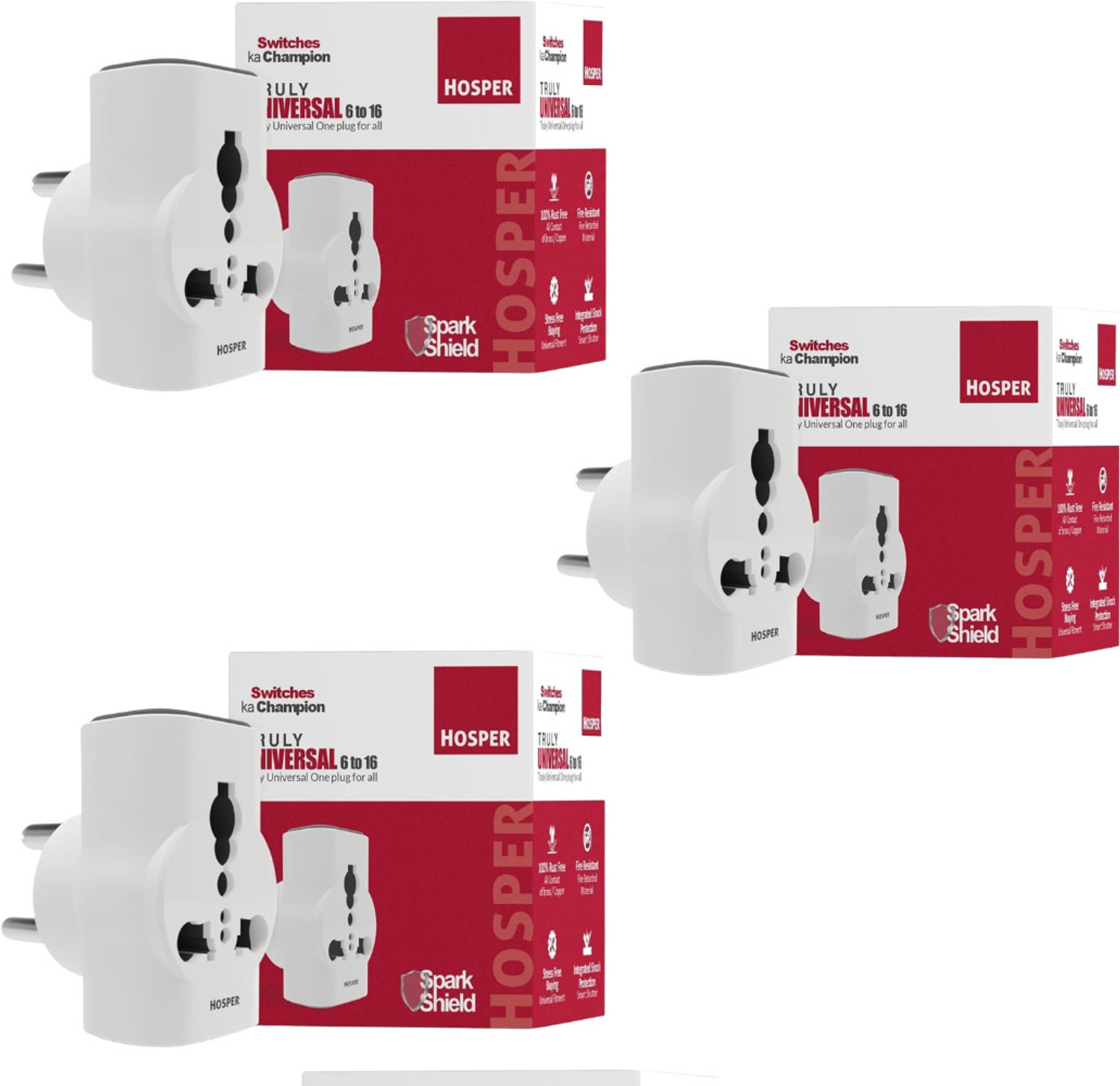Image of Hosper 6 AMP to 16 AMP Multi Plug Adapter - Converts 6A Socket to 16A (Pack of 3) 3 Socket Extension Boards