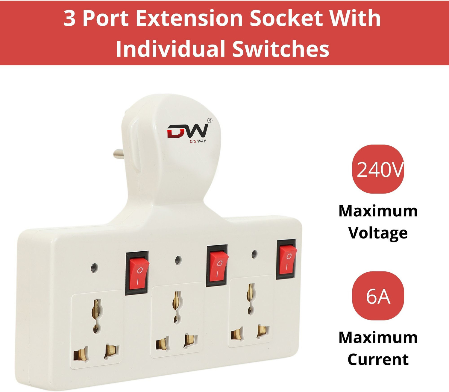Image of Digiway 3 UNIVERSAL SOCKET 3 SWITCH MULTI PLUG EXTENSION BOARD 3 Socket Extension Boards