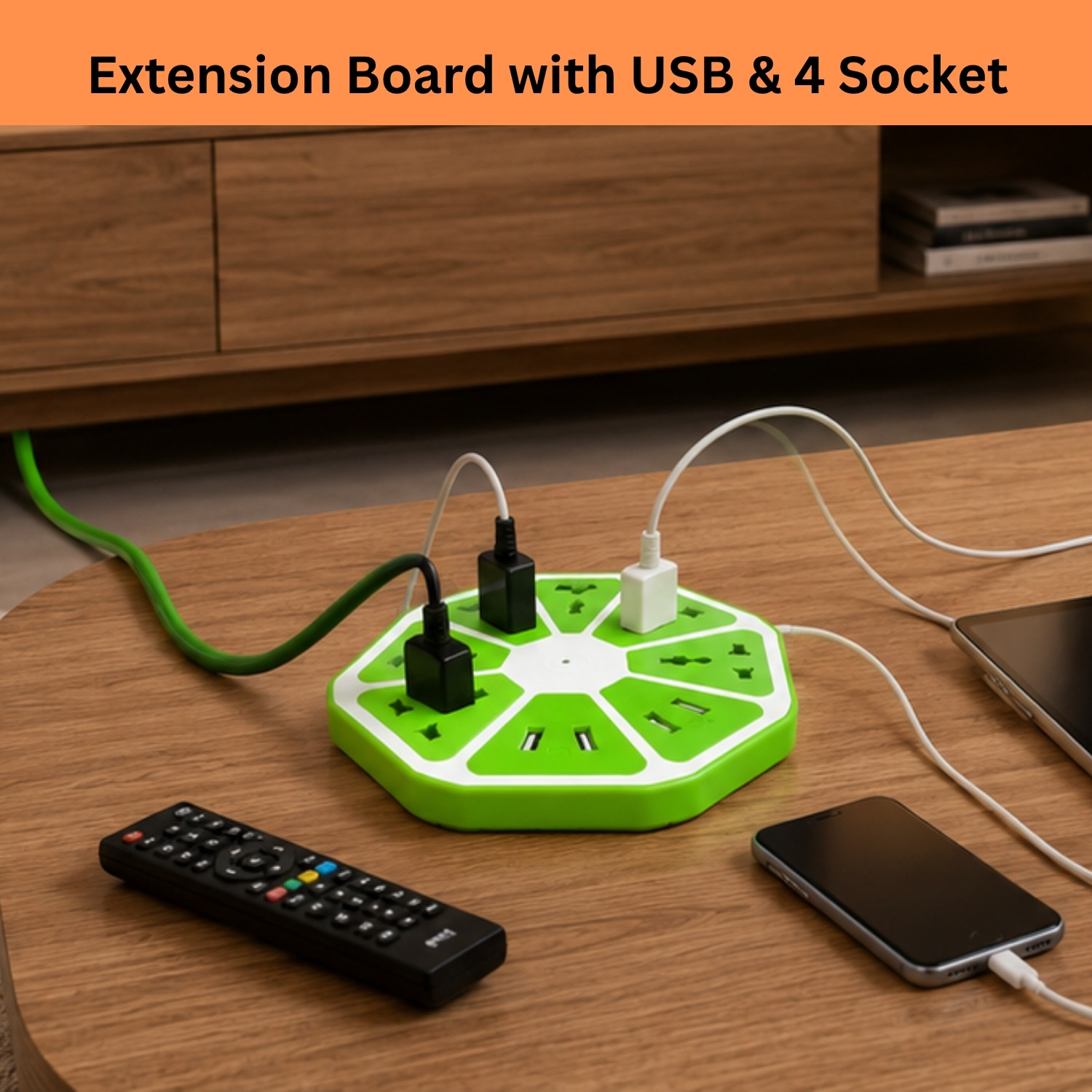 Image of FRONY Hexagon Extension Socket With 1 Meter Cable & 4 USB Ports and 4 SocketEU162 4 Socket Extension Boards