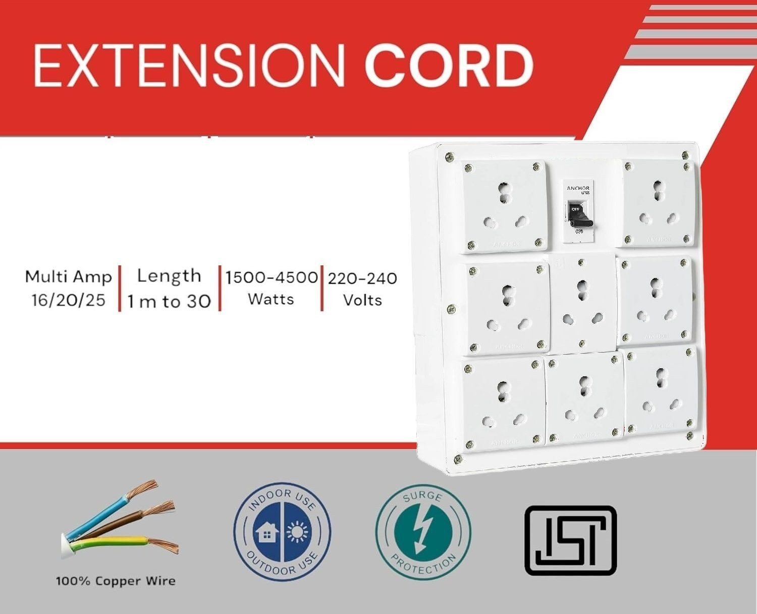 Image of JELECTRICALS 6A /16A Universal Socket, 2.5mm 3-Core Heavy Duty Extension Board 8 Socket Extension Boards