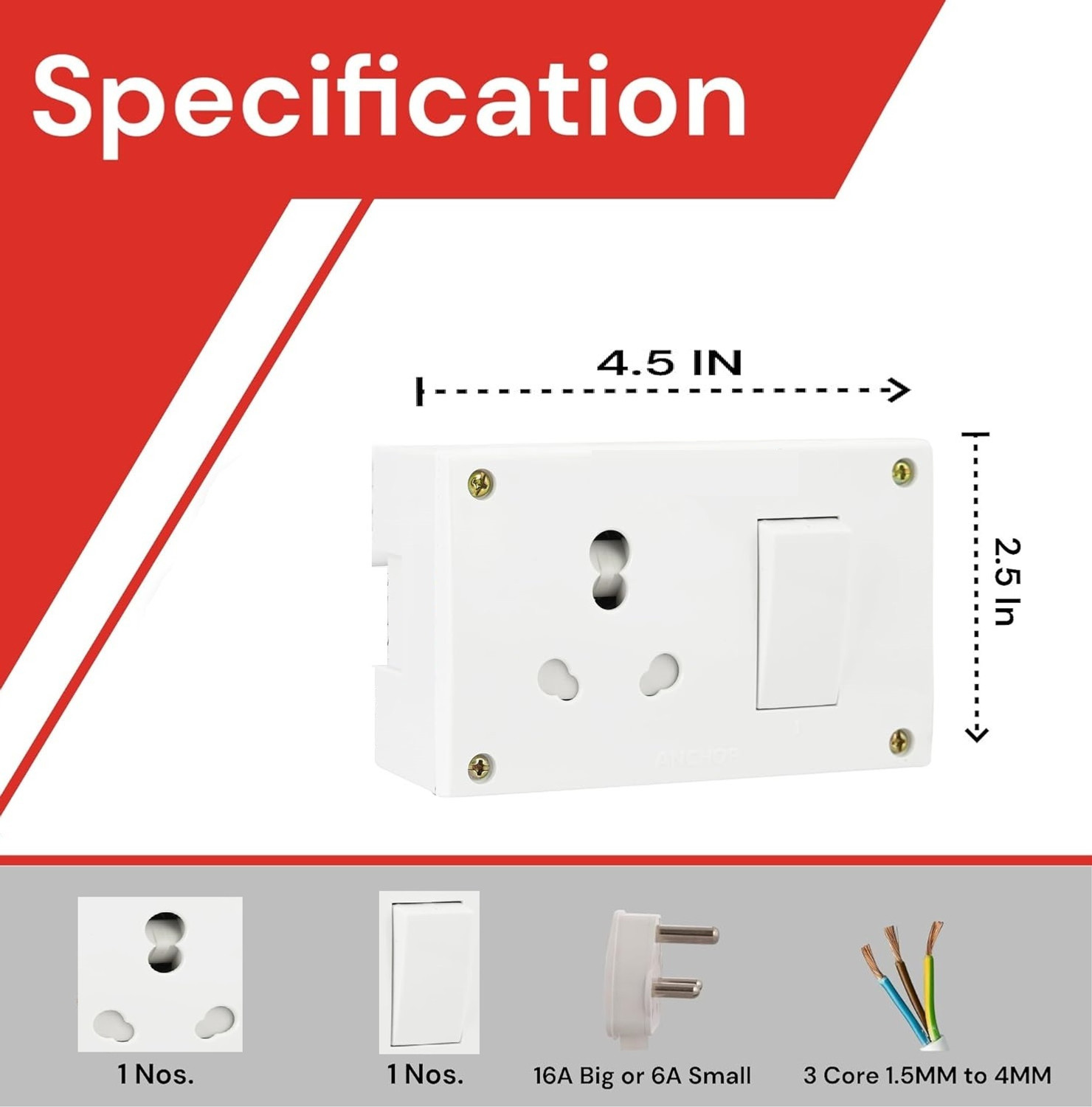 Image of JELECTRICALS Premium Extension Board For Heavy Duty (2500W) 220 Volts With 3 Meter 1 Socket Extension Boards