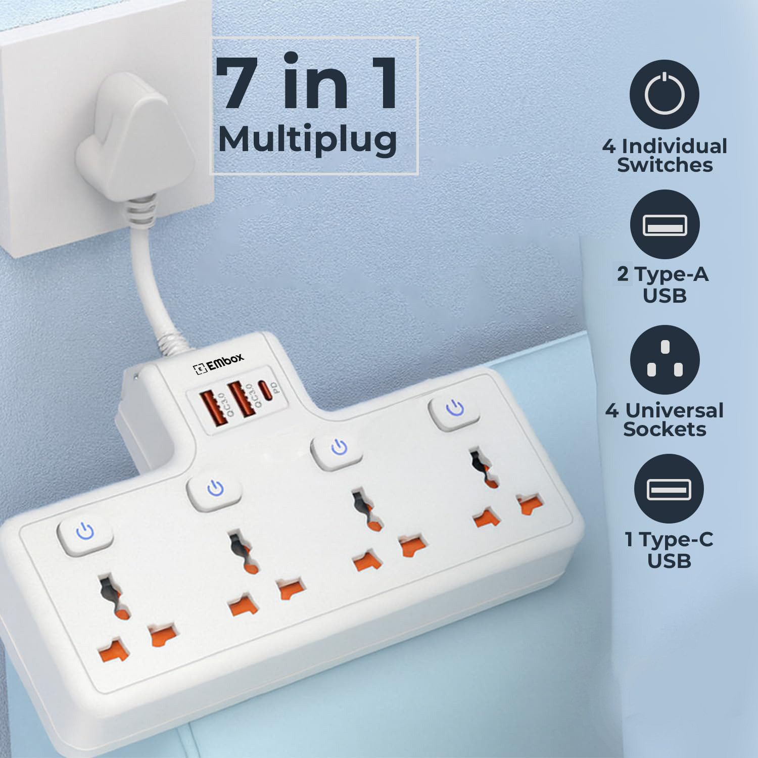 Image of EMBox Multi Plug Adapter with 20W Type-C PD Charging 4 Socket Extension Boards