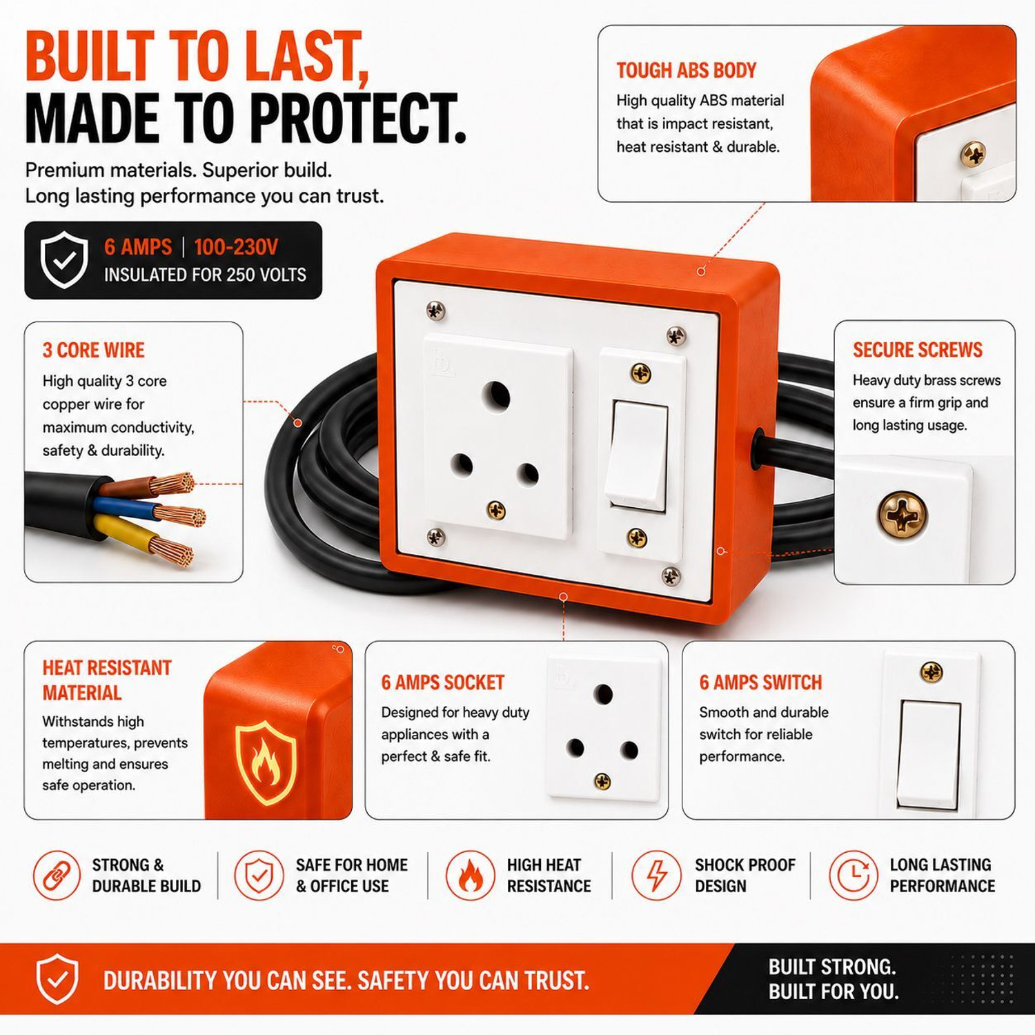 Image of Extocord Heavy Duty Extension Board One Socket One Switch 1500W 2 Meter 3 Core Cable 1 Socket Extension Boards